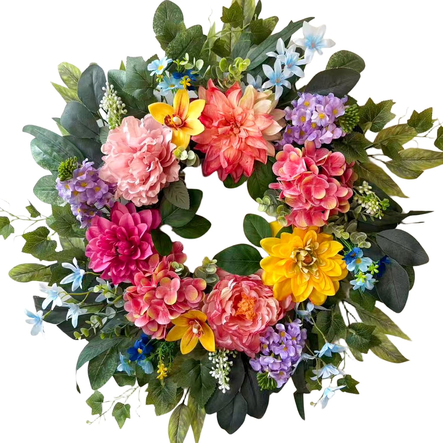 Spring Wreaths for Front Door, 24 Inch Spring Door Wreath with Yellow Dahlia,Pink Hydrangea Dahlia Peony Flower Wreath for All Season Outside Indoor Outdoor Home Porch Wall Decor