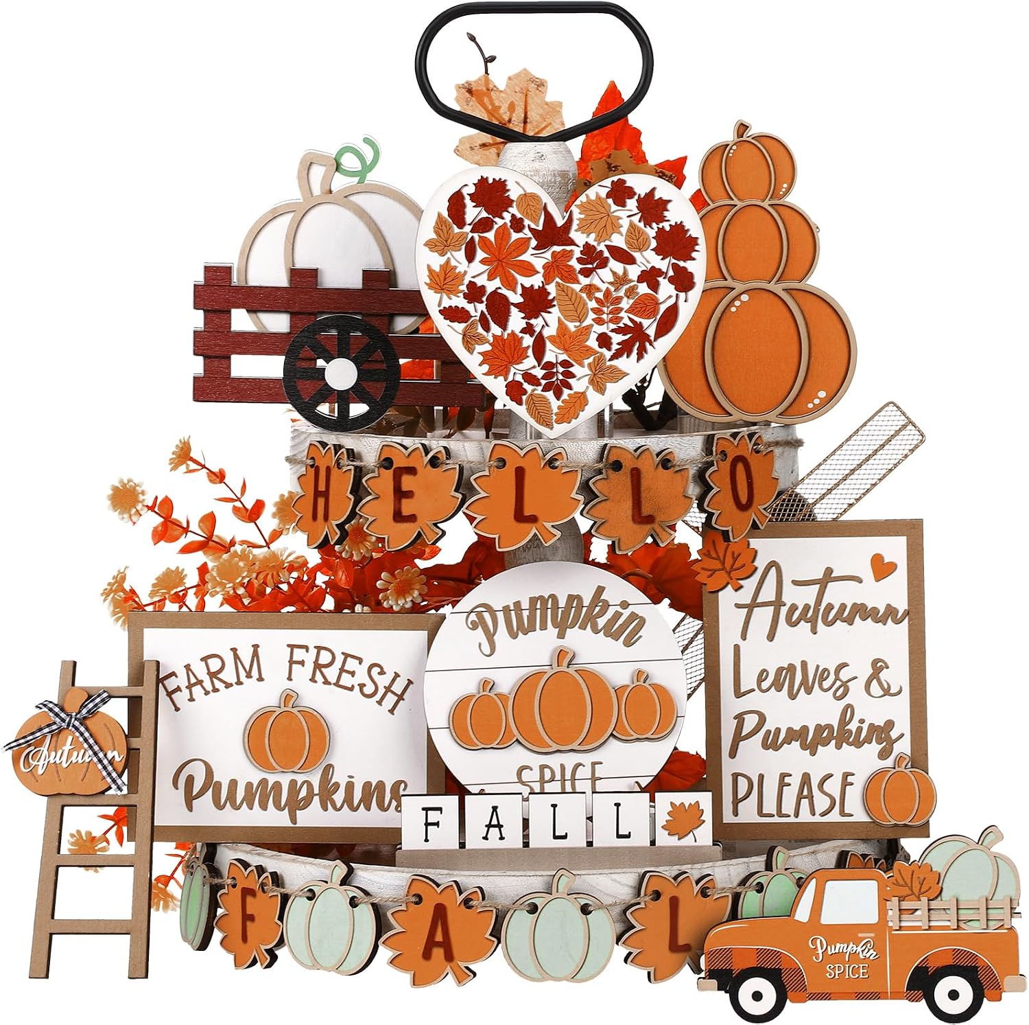 Maitys 23 Pcs Fall Tiered Tray Decoration Set Autumn Pumpkin Maple Leaf Truck Wooden Sign Table Centerpieces Decor for Thanksgiving Day Farmhouse Kitchen Table Shelf Supplies