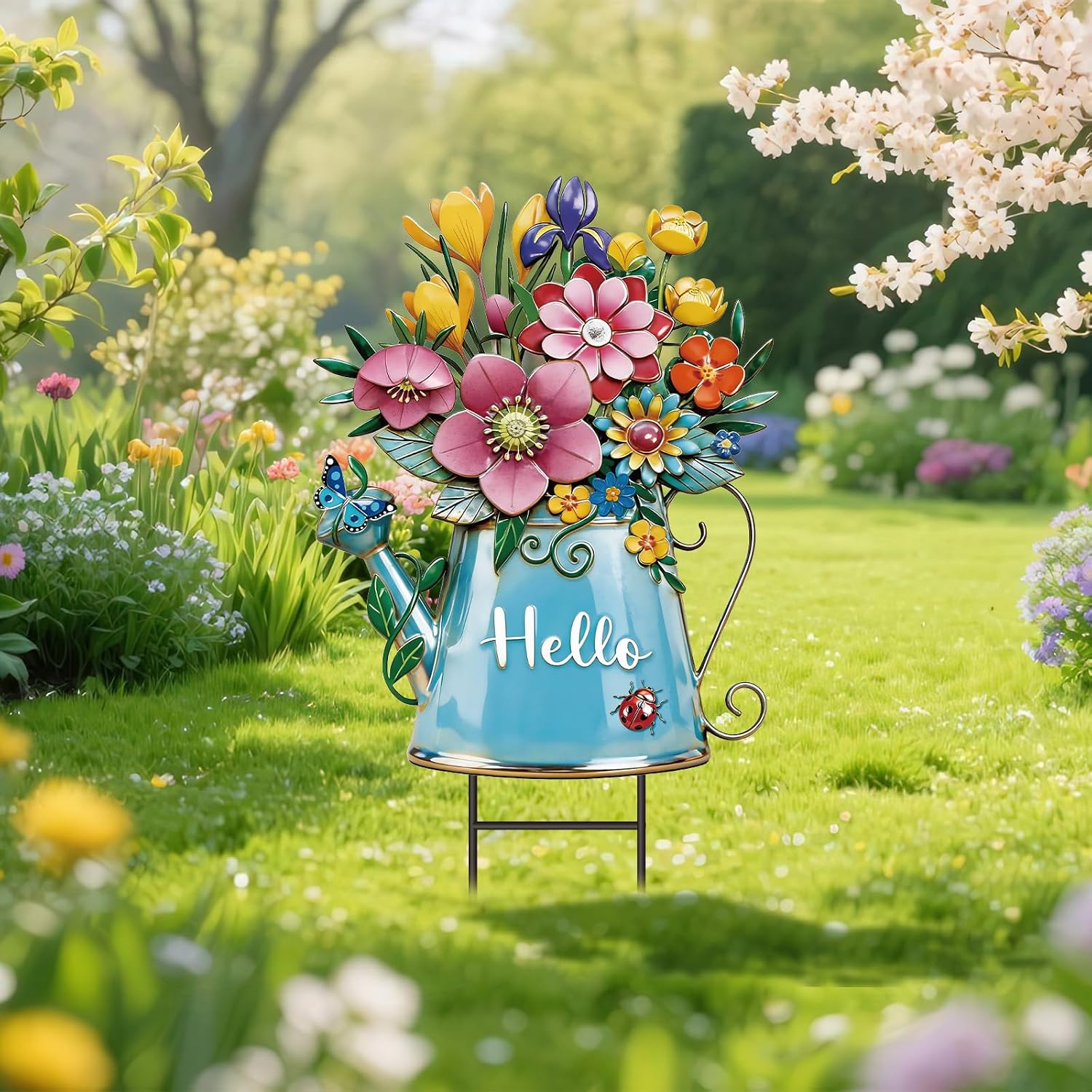 RattanView Summer Garden Decor for Outside, 26” Decorative Garden Stakes Metal Watering Can with Flowers for Summer Decor Welcome Yard Signs for Outdoor Lawn Backyard Patio Porch Pathway