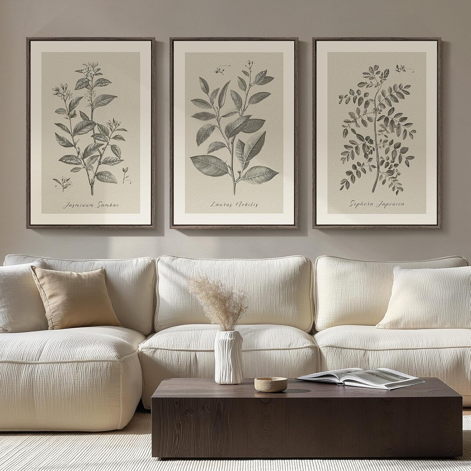 Large Framed 3 Piece Vintage Botanical Wall Art for Living Room, 20×30 In | Neutral plant artwork, Wood frame, Canvas prints, Farmhouse wall decor, Bedroom kitchen hallway office pictures