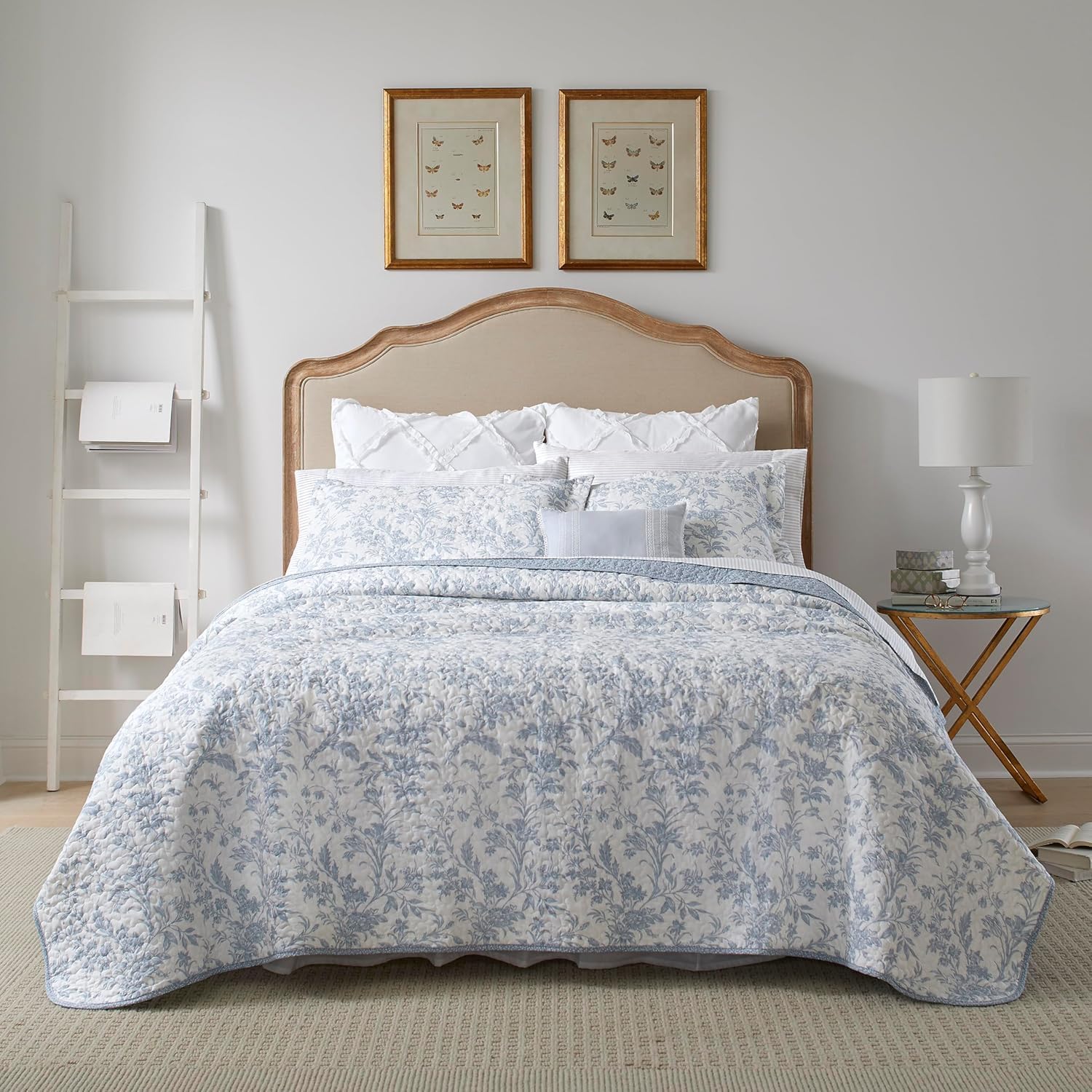 Laura Ashley – Queen Quilt Set, Soft & Lightweight Toile Bedding with Matching Shams, Reversible Floral Room Decor, College Dorm Room Essentials (Amberley Blue)