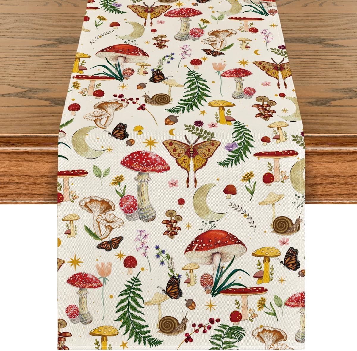 Artoid Mode Beige Modern Mushroom Table Runner, Seasonal Botanic Farmhouse Kitchen Dining Table Decoration for Home Party Decor 13×72 Inch