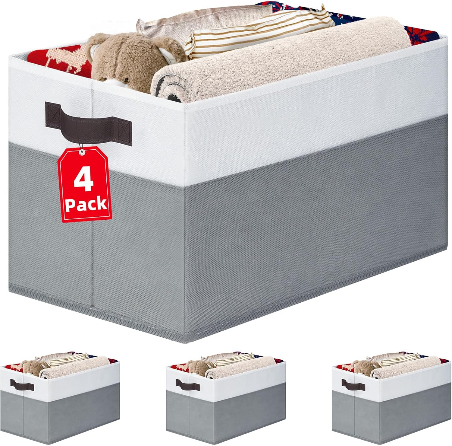 4 Pack Large Closet Storage Baskets Bins for Shelves | Fabric Closet Organizers and Storage with Handles Home Organization | Decorative Collapsible Baskets for Organizing Clothes Toy Nursery 14″x10″