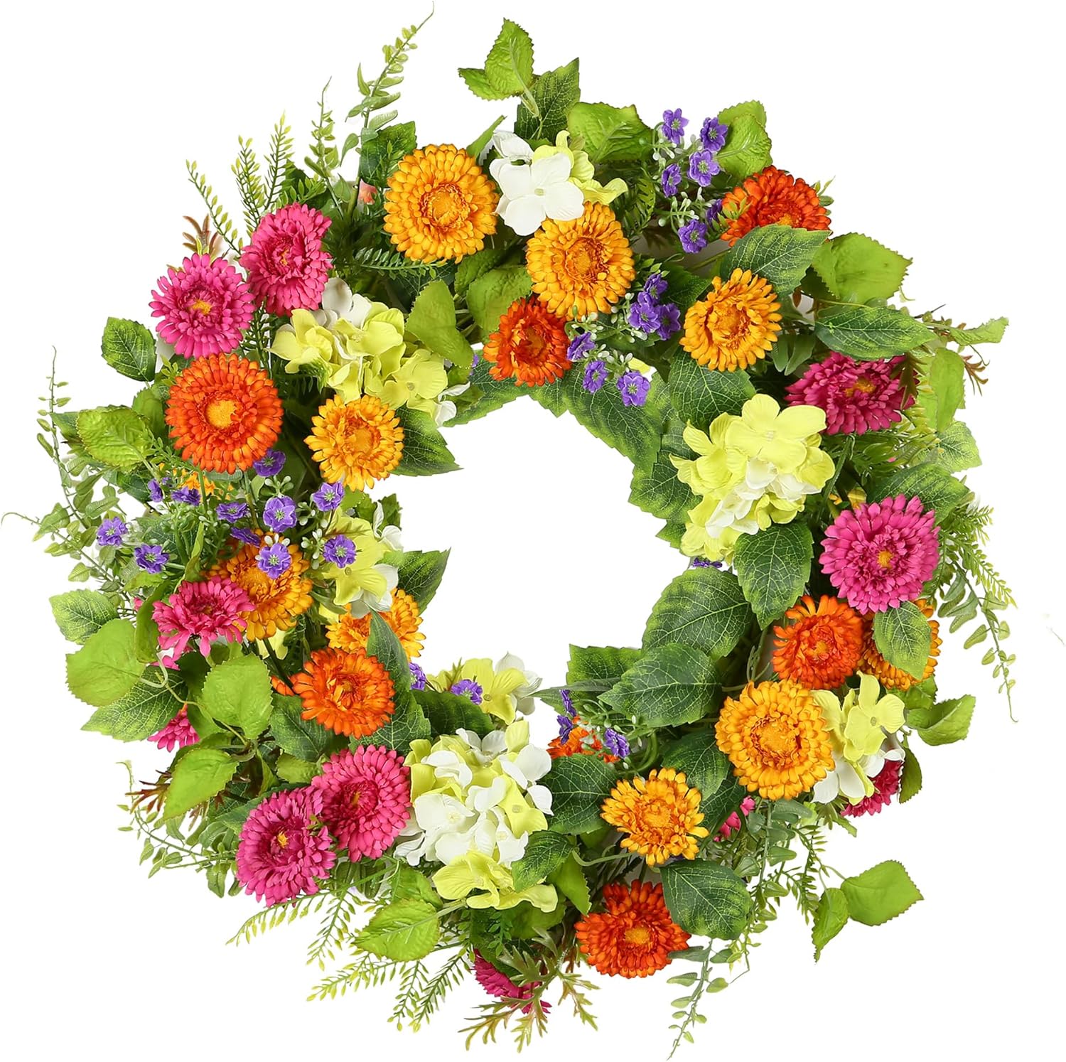YNYLCHMX 20″ Spring Summer Wreaths for Front Door, Daisy and Tea Leaf Decor | Artificial daisy flowers, green tea leaves and foliage, for wall, window, porch, farmhouse, party, holiday and seasonal decor