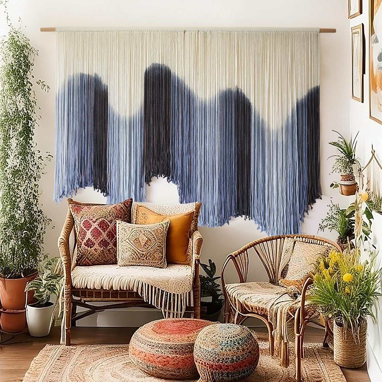 Macrame Wall Hanging Blue Large Hand-Dyed Ombre Fiber Tapestry 57″W*39″L | Entryway Decor, Living Room Accent, Bedroom Styling, Cotton Cord Craft, Boho Apartment, Office Space, Handmade Home Accent