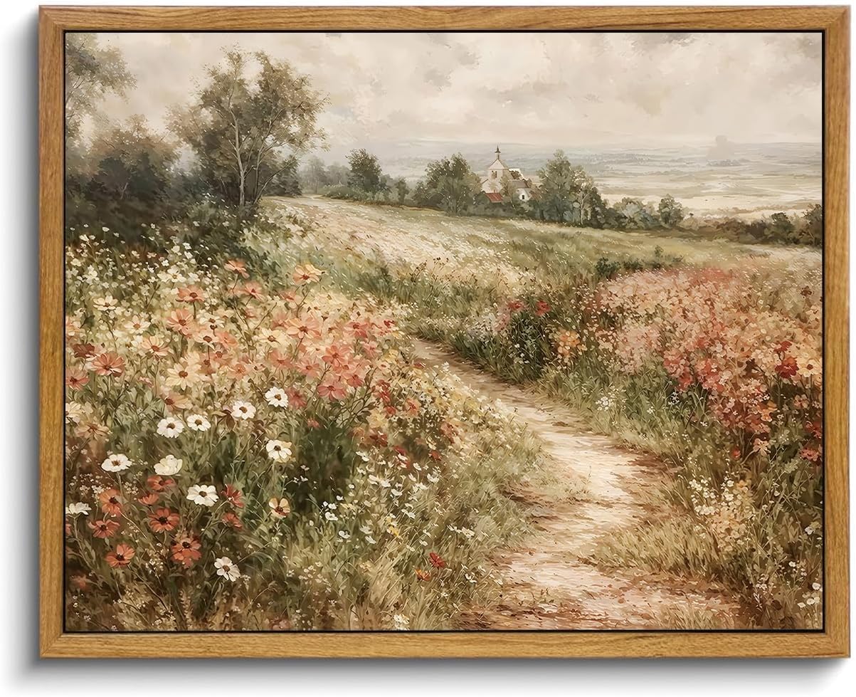 OIQArtOIQ Framed Vintage Wall Art Country Wildflower Canvas Art Paintings | Cottagecore Landscape Pictures Wall Decor, Farmhouse Small Framed Prints For Bedside Tables Shelf Bookshelves Gallery Wall