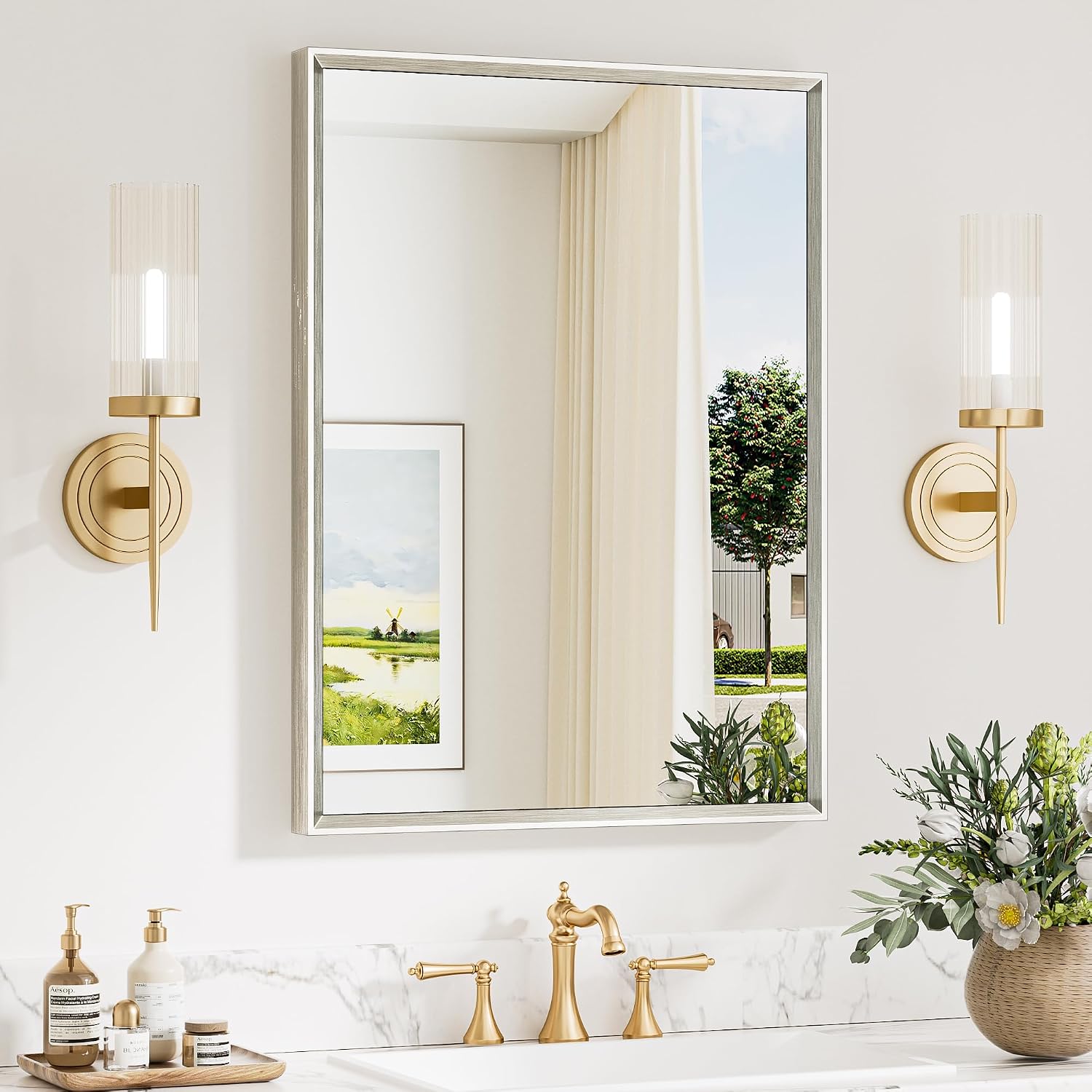 Keonjinn 22 x 30 Inch Brushed Nickel Bathroom Mirrors for Over Sink, Beveled Rectangle Framed Mirrors for Wall, Farmhouse Bathroom Vanity Mirror, Tempered Glass, Square Corner
