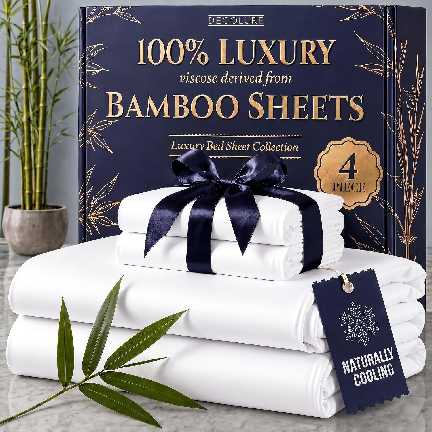 DECOLURE 100% Viscose Derived from Bamboo Sheets King Size – Luxury 4 Pc Naturally Cooling Sheets, Ultra Soft Bed Set – Deep 17″ Pockets, Durable Double Stitching, Oeko Tex Standard (White)