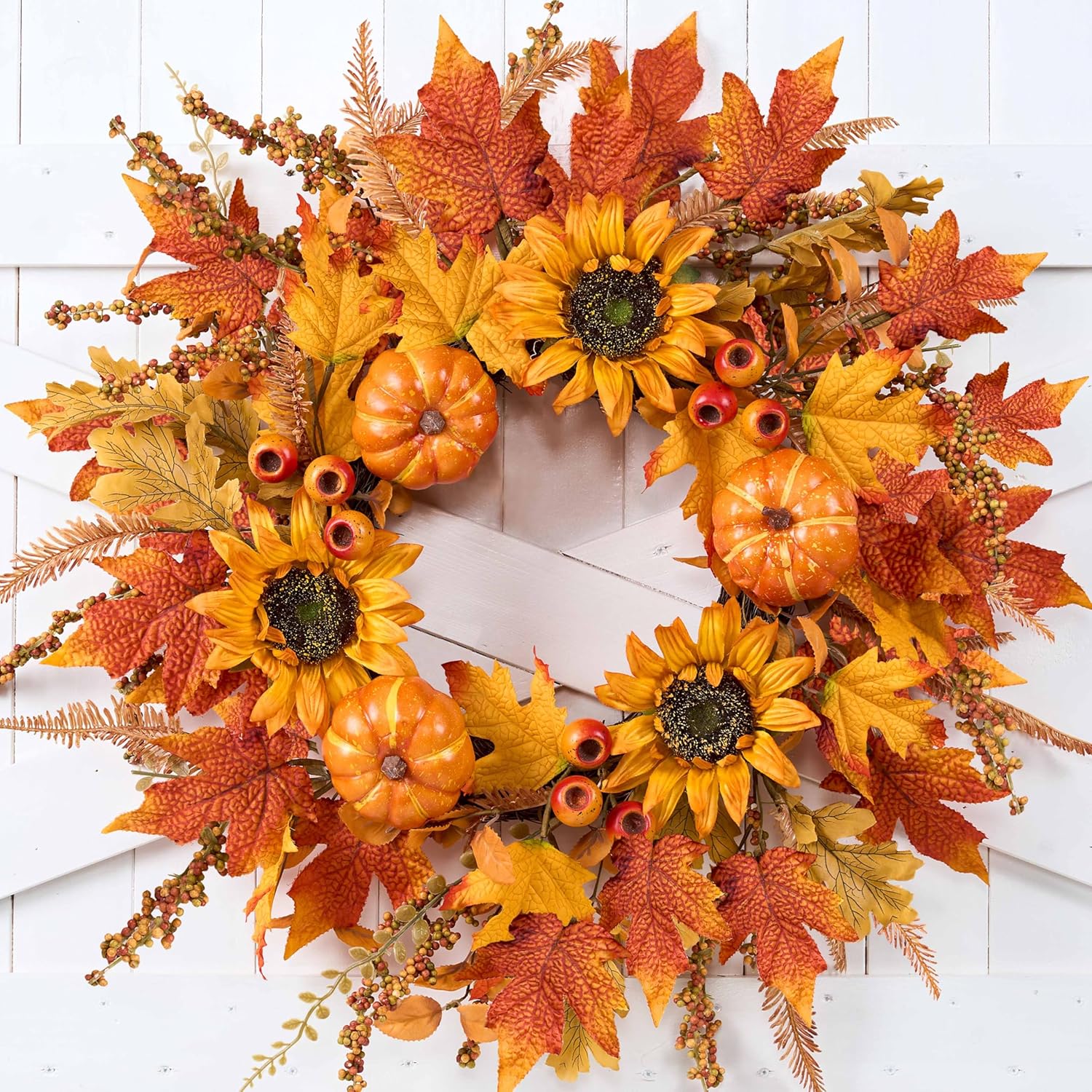 zjlmit Fall Wreaths for Front Door 24 Inch Fall Wreath with Pumpkins Sunflowers Maple Leaves and Orange Red Berries Autumn Wreath for Farmhouse Porch Thanksgiving and Harvest Festival Parties