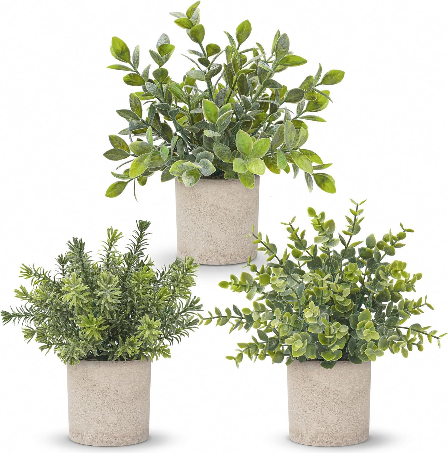Der Rose 3 Pack Mini Potted Fake Plants Artificial Plastic Eucalyptus Plants Topiaries for Home Office Desk Farmhouse Shelf Room Bathroom Decor(Sage Green)