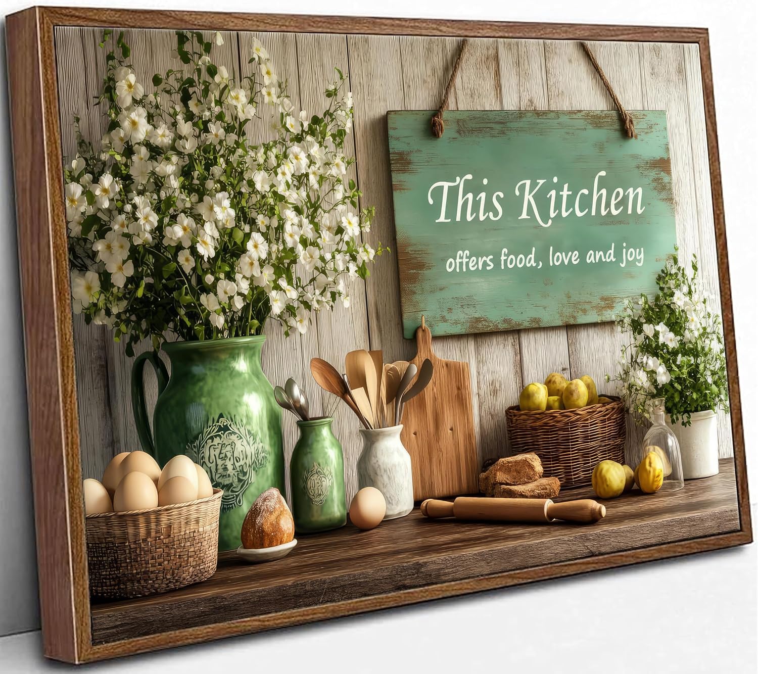 Framed Vintage Country Kitchen Food Still Life Canvas Wall art | Rustic Farmhouse This Kitchen Offers Food Love and Joy Picture Wall Decor Poster Print Artwork for Dining Room Home Decor