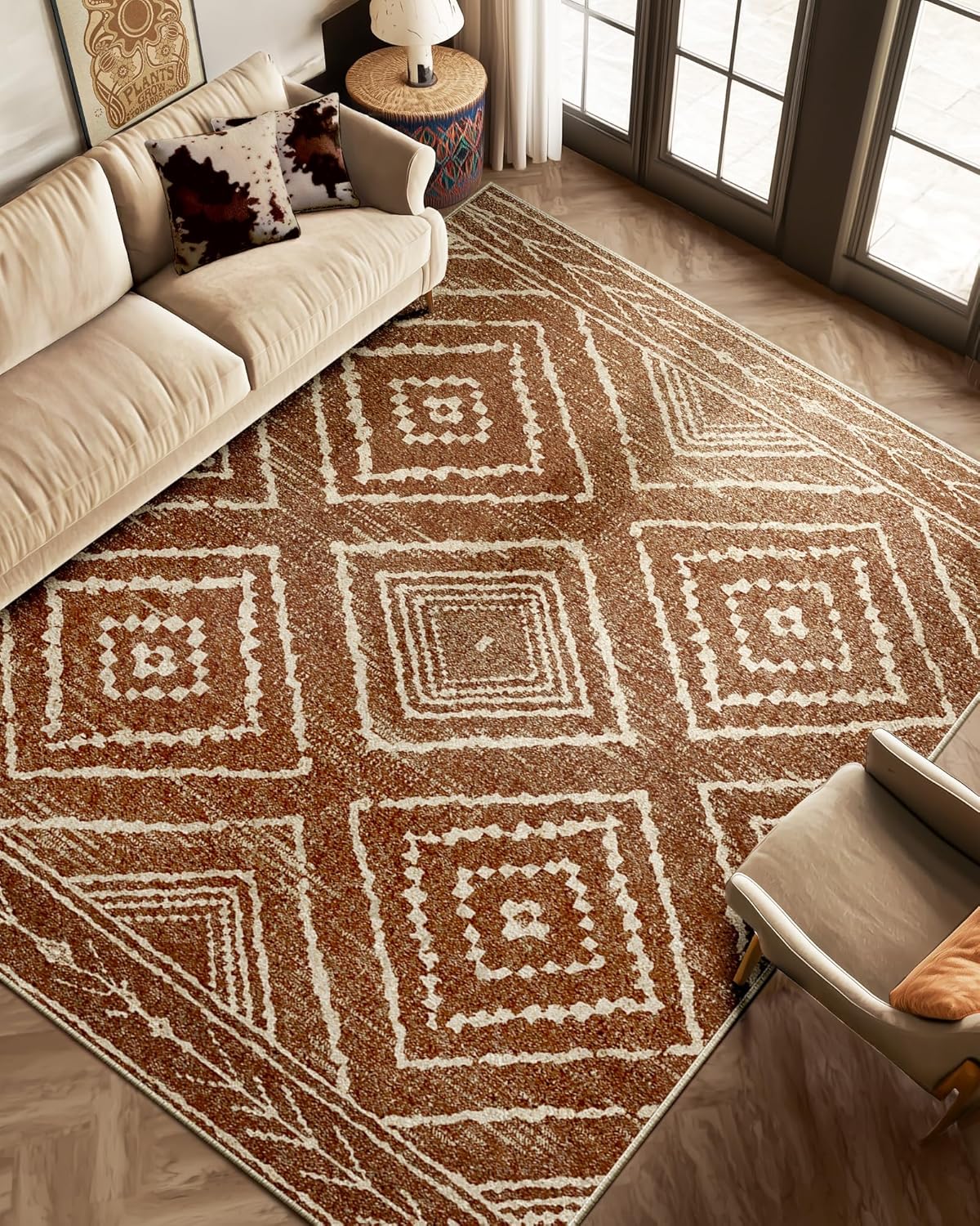 BESTSWEETIE 8’x10’Washable Area Rug for Living Room Bedroom Yellowbrown | Soft Western No Slip Low Pile Print Foldable Indoor for Kitchen Dining Room