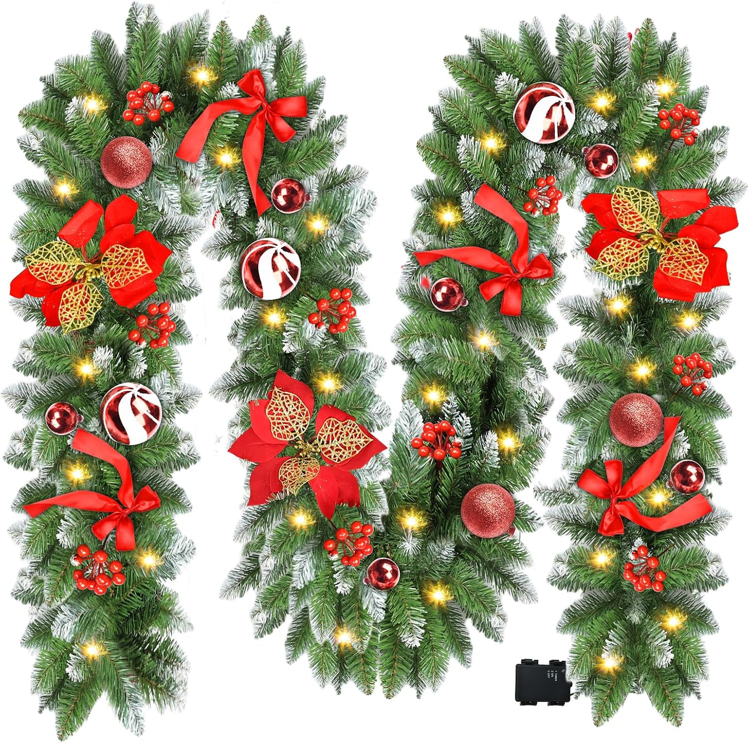 Christmas Garland with Lights, 9ft Battery Operated LED Garland with Timer, 30 Warm White LEDs, Waterproof Christmas Decorations for Indoor Outdoor Mantel, Stairs, Doorway, Window, Porch, Home