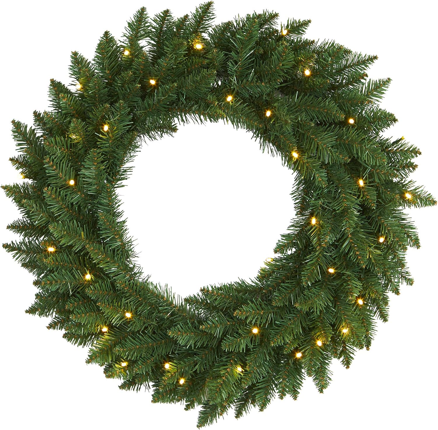 Nearly Natural 24 in Artificial Pine Wreath with 35 Clear LED Lights | Battery-Operated Christmas Wreath, Faux Greenery with Bendable Branches, Indoor Holiday Decor