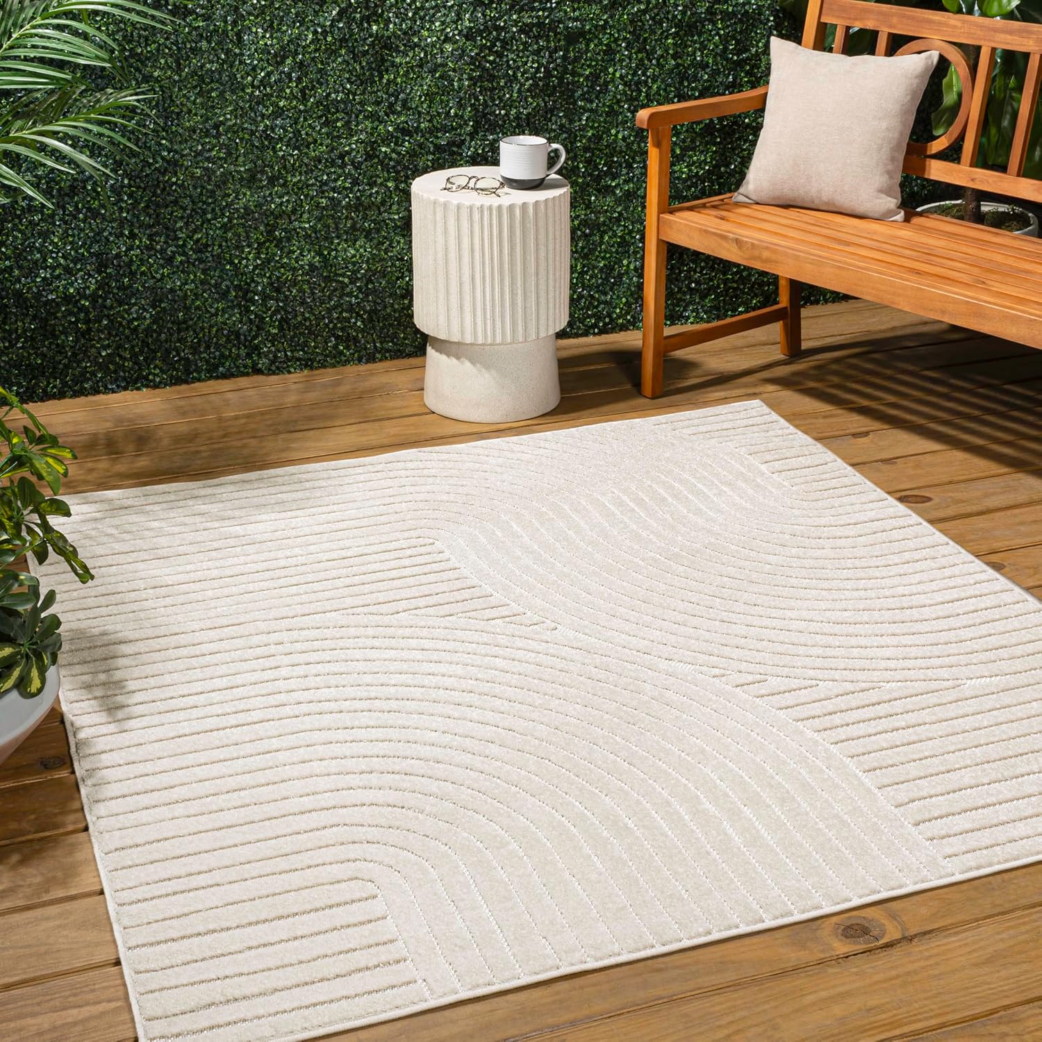 JONATHAN Y Hallie High-Low Curve Ivory/Cream 5×5 Square Indoor/Outdoor Area Rug, Minimalist, Pet Friendly, Non-Shedding, Stain Resistant, Hose-Washable for Backyard, Patio, Porch (SCN100B-5SQ)