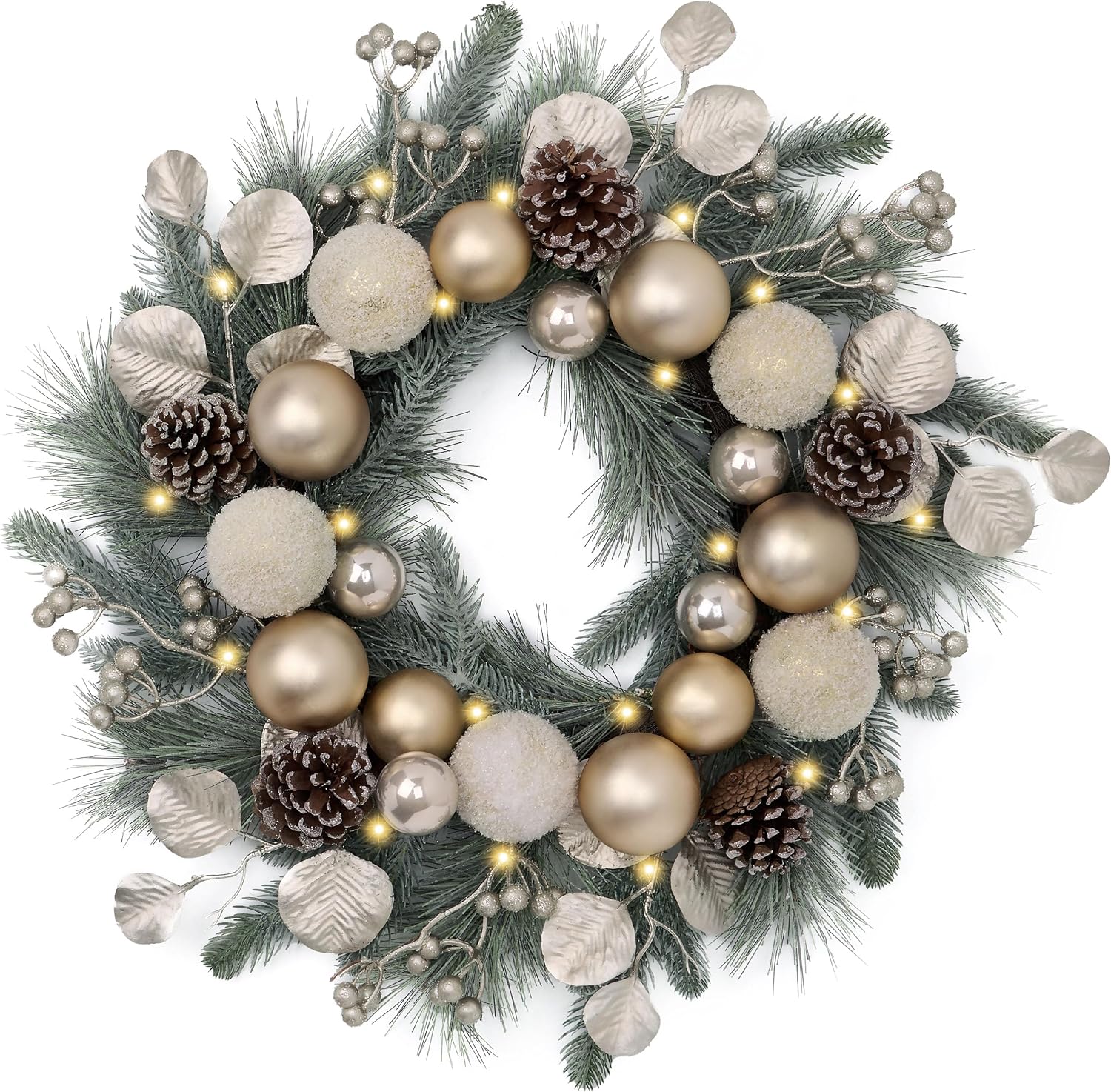 Valery Madelyn 20” Pre-Lit Christmas Wreath for Front Door with Lights, Lighted Christmas Door Wreath with White Gold Xmas Balls Norfolk Pine Branches for Home Porch Fireplace Window Holiday Decor