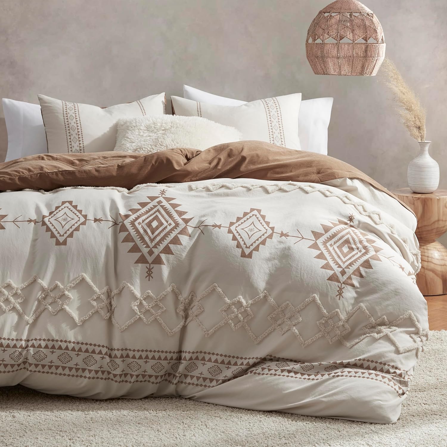 Oli Anderson Boho Duvet Cover Set Queen Size, Beige and Terracotta Color Clash 3 Pieces Microfiber Bedding Set, Durable and Super Soft Duvet Covers with Zipper and Ties, 90″*90″