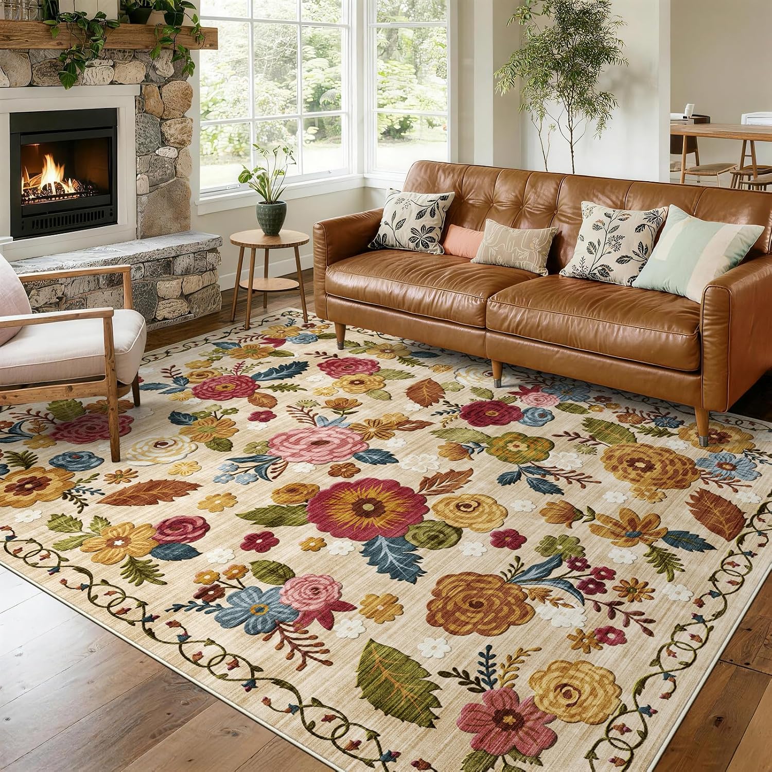 8×10 Machine Washable Area Rug for Living Room, Beige Vintage Boho Floral Rug Large Non-Slip Low Pile Soft Faux Wool Carpet, Kids and Pets Friendly for Bedroom Dining Room Farmhouse Home Decor Rug