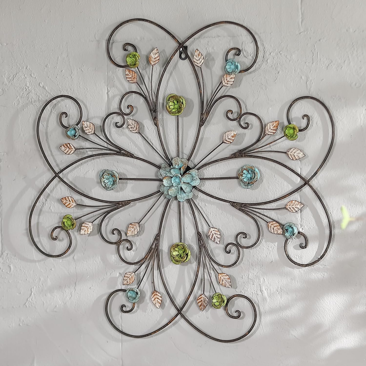 Phaxth 24″ Metal Flower Wall Art Decor with Rust Leaf, Large Scroll Outdoor Wall Art Decor