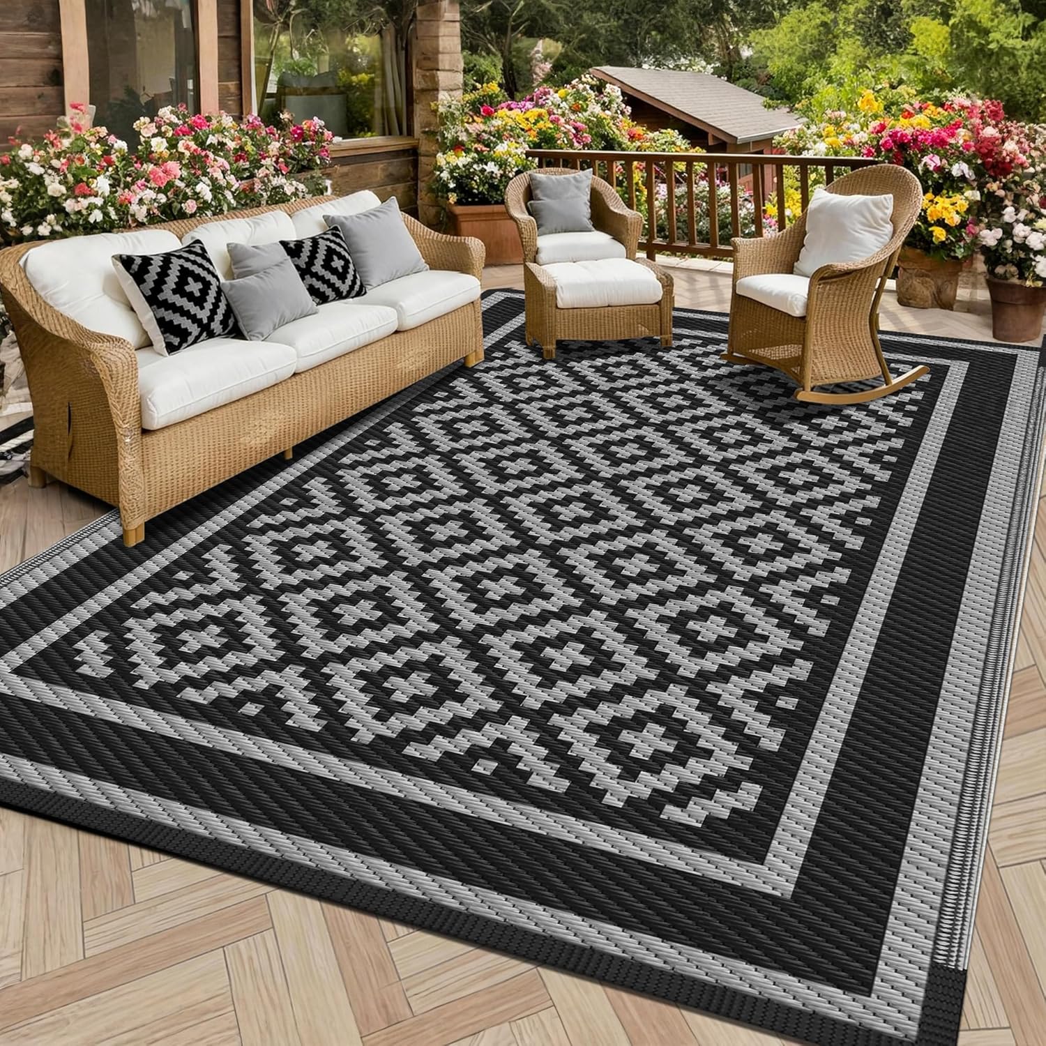 Kohree RV Outdoor Rug, Diamond, 9×12, Black & Grey | Reversible, Waterproof, UV Fade Resistant, Non-Slip, with 4 Stakes and Carry Bag for Patio, Picnic, Backyard