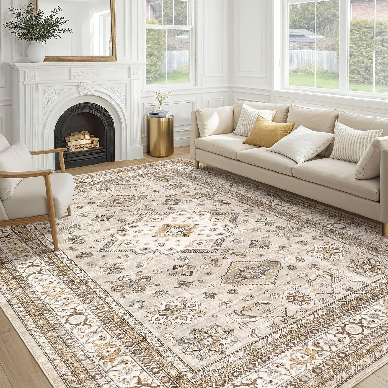 Vintage Living Room Area Rug 9×12 – Large Soft Washable Oriental Traditional Distressed Farmhouse Rugs for Bedroom – Indoor Floor Accent Carpet for Home Office House Decor – Beige
