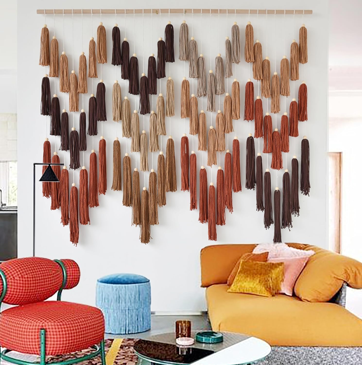IOWER Macrame Wall Hanging Yarn Boho Wall Decor Wave Tassel Home Wall Aesthetic Living Rooms Bedrooms Offices Geometric Art Chic Home Decor 47″ W x 39″ L