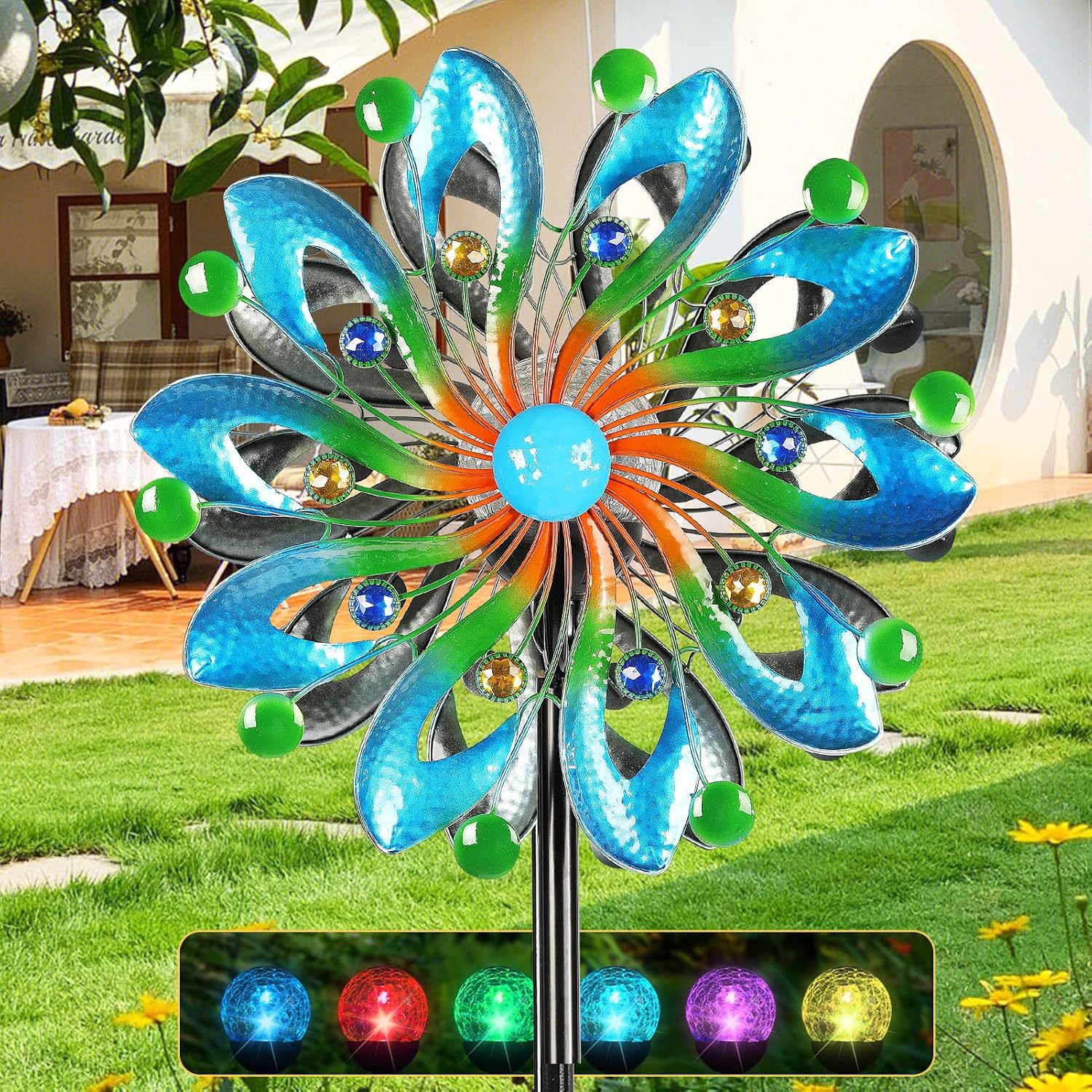 MLKNK Wind Spinners for Yard and Garden – Wind Sculptures & Spinners | Wind Spinners Outdoor 75 Inch, Navy Blue, Kinetic Art with Solar Powered Multi-Color Glass Ball Light