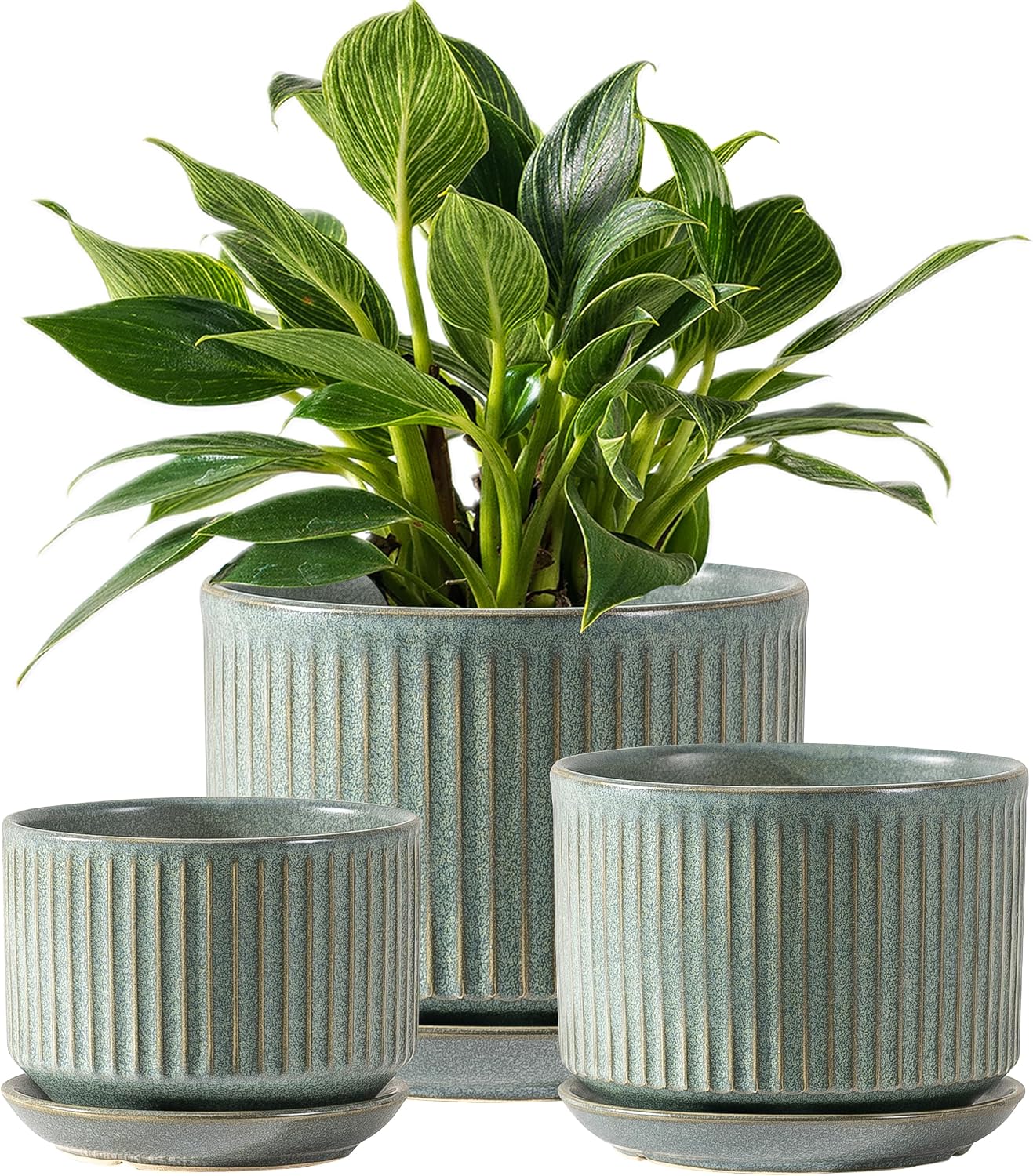 SURE YUESI Ceramic Plant Pots Set of 3, Indoor Outdoor Planters with Drainage Hole and Saucer, Ceramic Flower Pots for Indoor Plants, 4.3+5.5+6.8 Inch, Home, Garden, Patio and Office, Matte Green