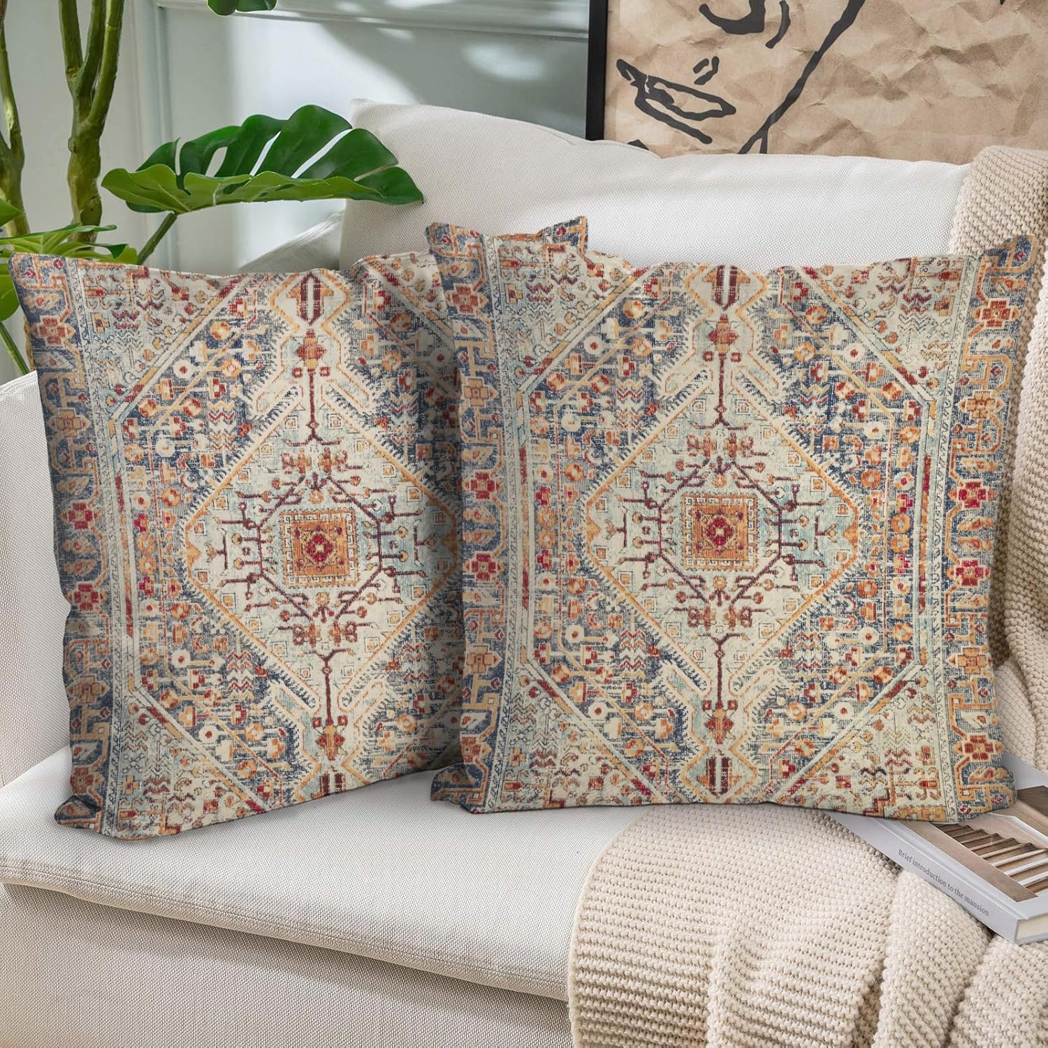 Boho Throw Pillow Covers 18×18 inch Set of 2,Bohemian Vintage Carpet Pattern Antique Ethnic Decor Double Sided Pattern Cushion Cover Soft Pillow Case Living Sofa Room Bed Square Pillow Cover