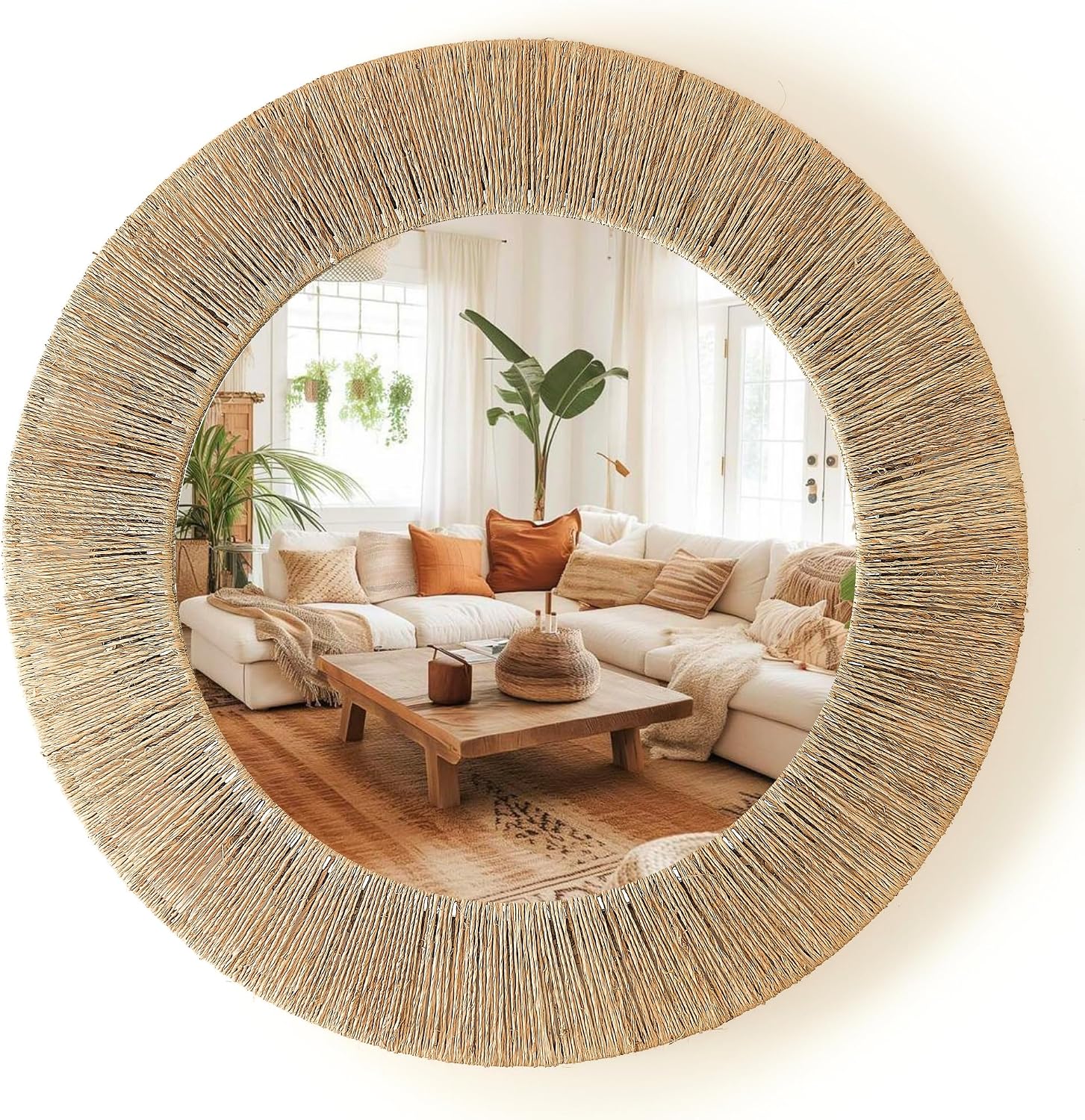 Chi An Home 24 inch Natural Jute Round Wall Mirror, Boho Decor Wall Mirror | Wall Mounted Accent Mirror With Metal Frame, Natural Woven Jute Border, Round Mirror For Wall Decor For Bedroom, Living Room