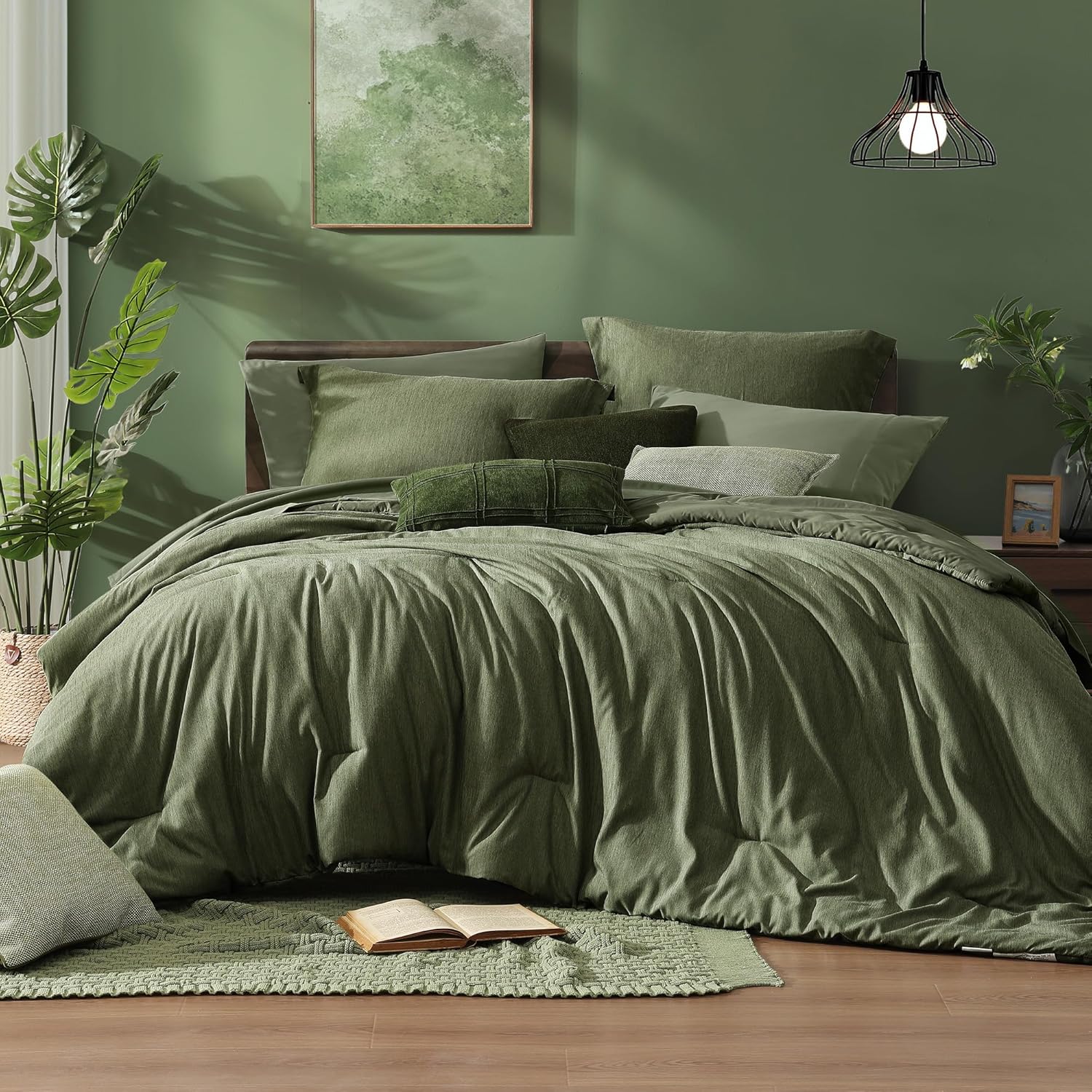Monbix Queen Comforter Set – 7 Pieces Cationic Dyeing Olive Green Bed in a Bag Queen Bedding Sets with Comforter, Sheets, Pillowcases & Shams, Reversible Bedding Comforters Sets