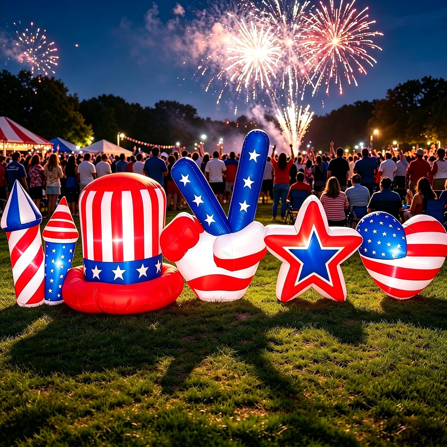 4th of July Inflatables Outdoor Decorations 9FT American Stars Heart Victory Sign Hat Firework LED Lights Patriotic Decor for Memorial Day 250th Anniversary Blow up for Party Garden Yard Lawn