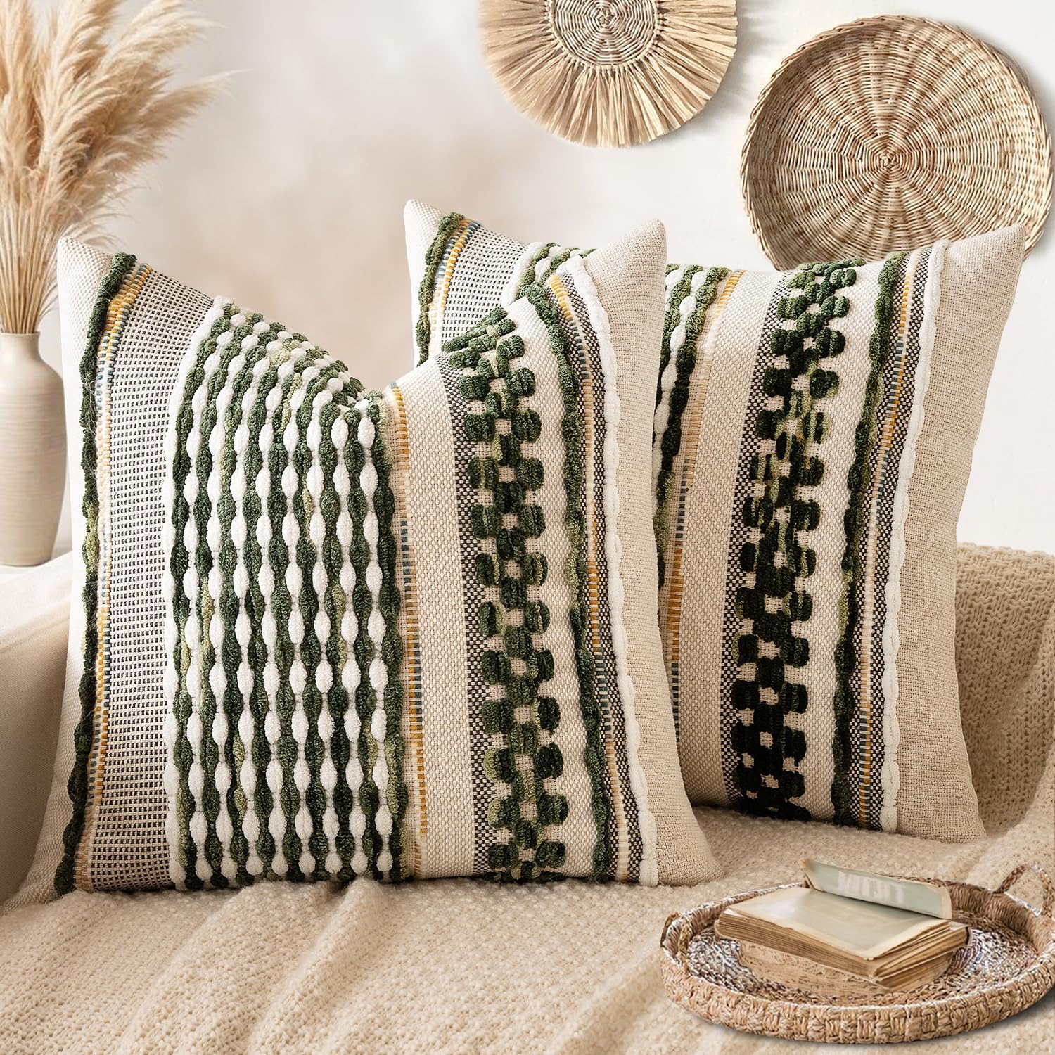 ANRODUO Pack of 2 Boho Decorative Throw Pillow Covers 18×18 Farmhouse Cushion Case Striped Chenille Pillow Cases Square Pillow Covers Accent Neutral Pillowcase for Sofa Couch Bed, Olive Green Stripe