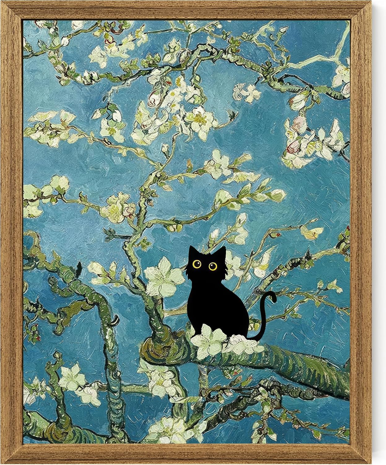 Fantasy Artists Van Gogh’s Almond Blossom Funny Black Cat Canvas Wall Art, Oil Painting Posters Home Decor, Vintage Abstract Aesthetic Wall Decorations for Living Room Bedroom, 8″ X 10″