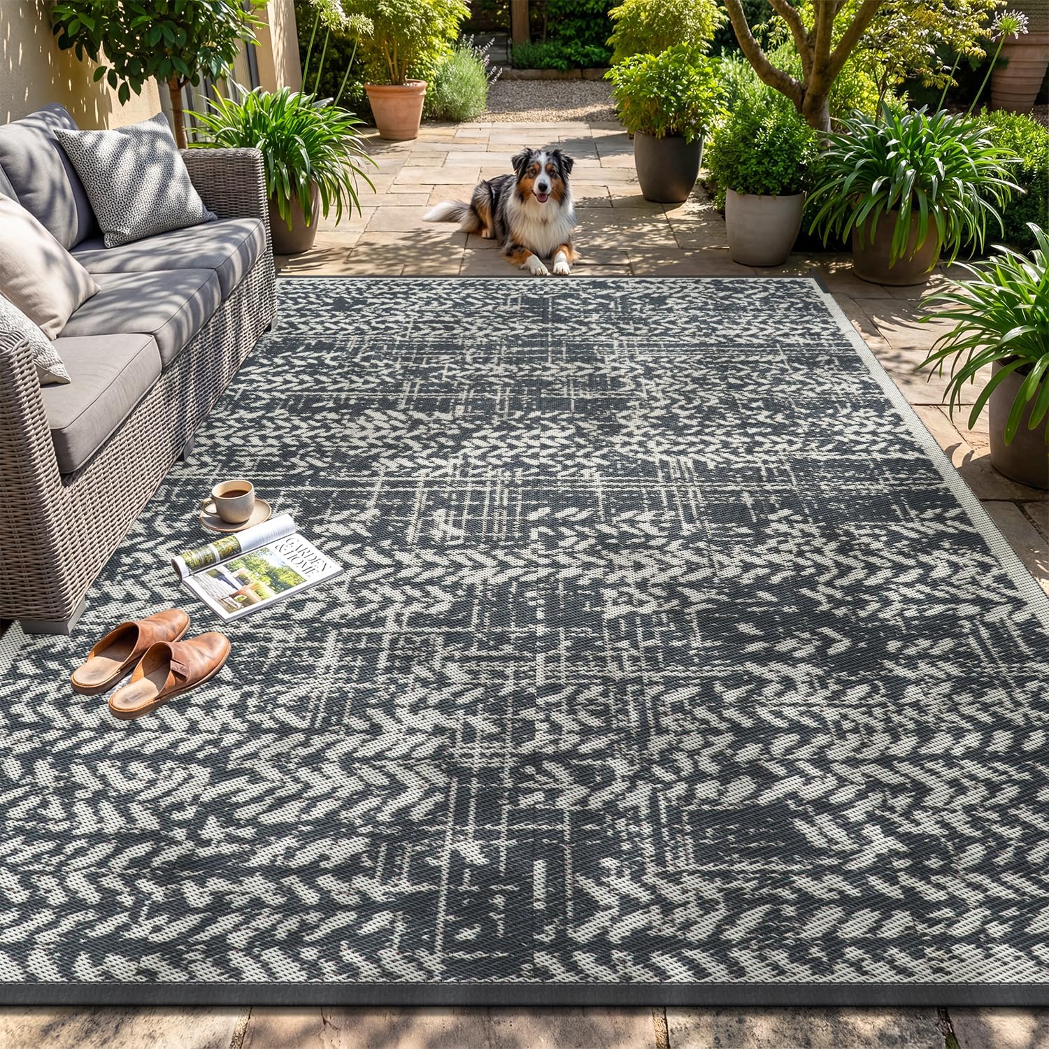 MontVoo Outdoor Rug Waterproof-Patio Rug Mat 5×8 Outdoor RV Camping Picnic Beach Mat Plastic Straw Rugs Outside Outdoor Area Rugs for Balcony Deck Backyard Grey