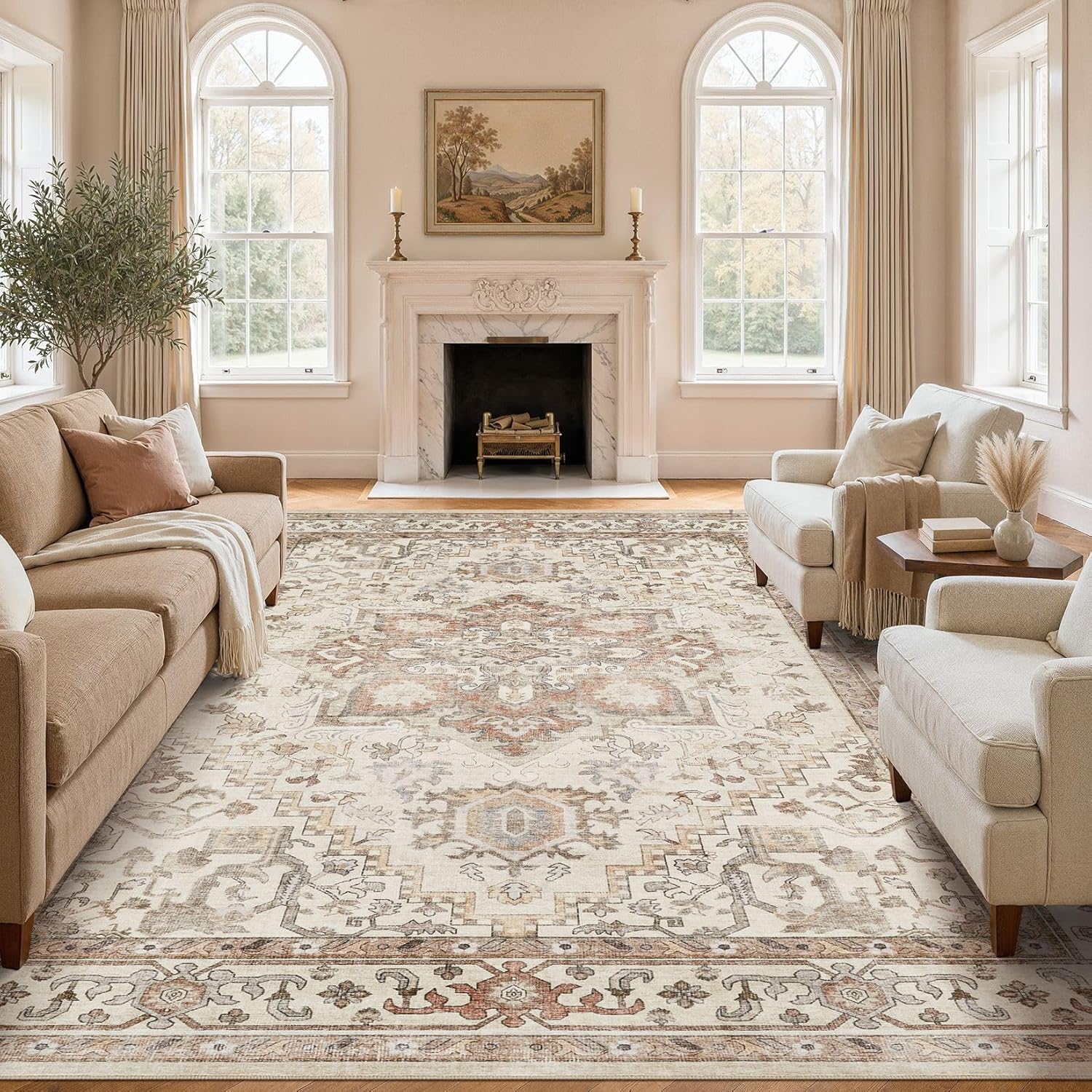 DTICON Vintage Washable 8×10 Area Rug Living Room Rugs, Beige | Boho Distressed, Pet & Kid Friendly, Non-Slip Backing, Soft Polyester, Low-pile Carpet for Living Room, Bedroom, Dining Room