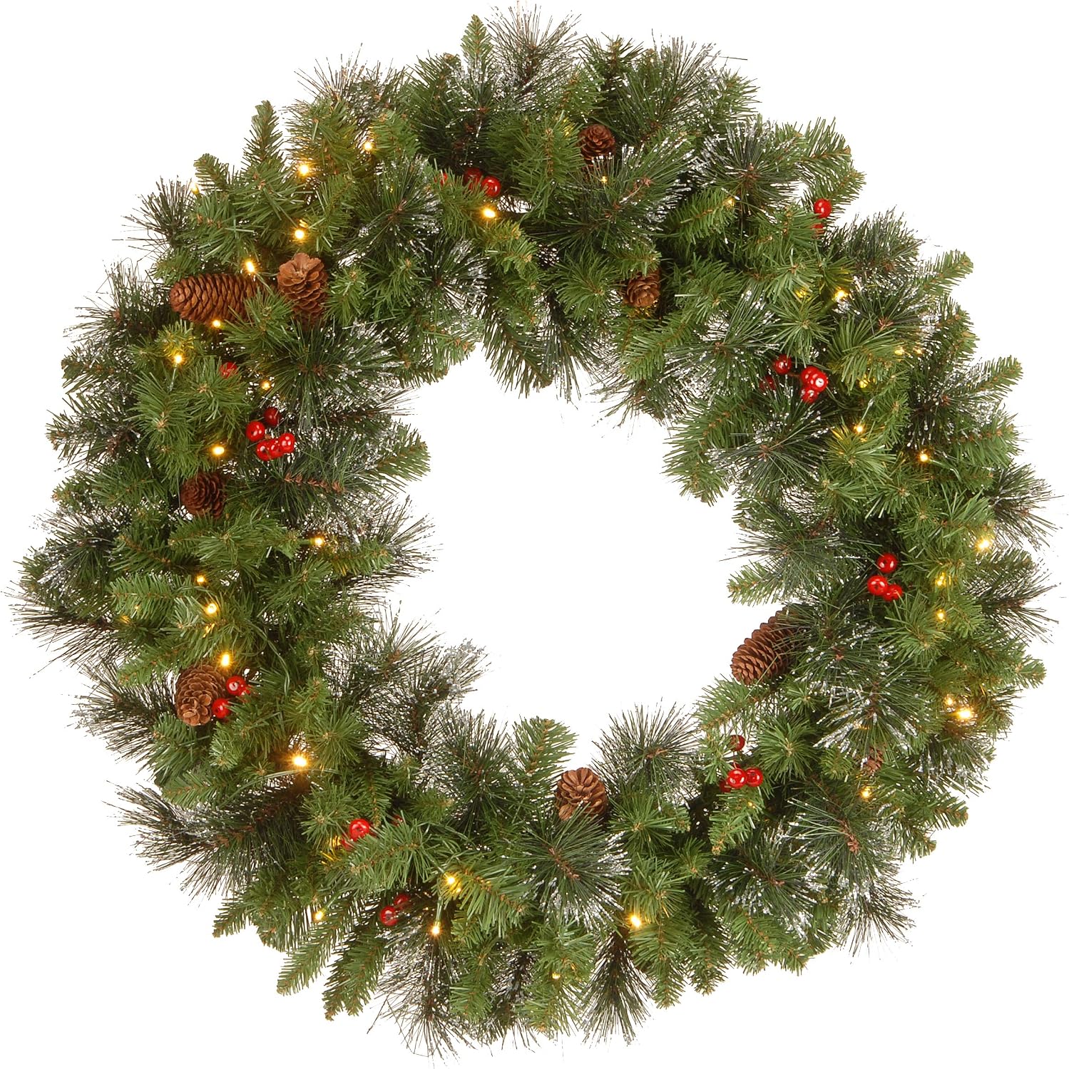 National Tree Company 30 in Pre-Lit Crestwood Spruce Artificial Christmas Wreath, Christmas Decoration with Glitter, Pinecones, Red Berries, 70 Clear LED Lights, 200 Tips, Timer, Green | 70 Warm White LED Lights, 200 Tips, Artificial Christmas Decoration With Glitter, Pinecones, Red Berries, Timer, Green