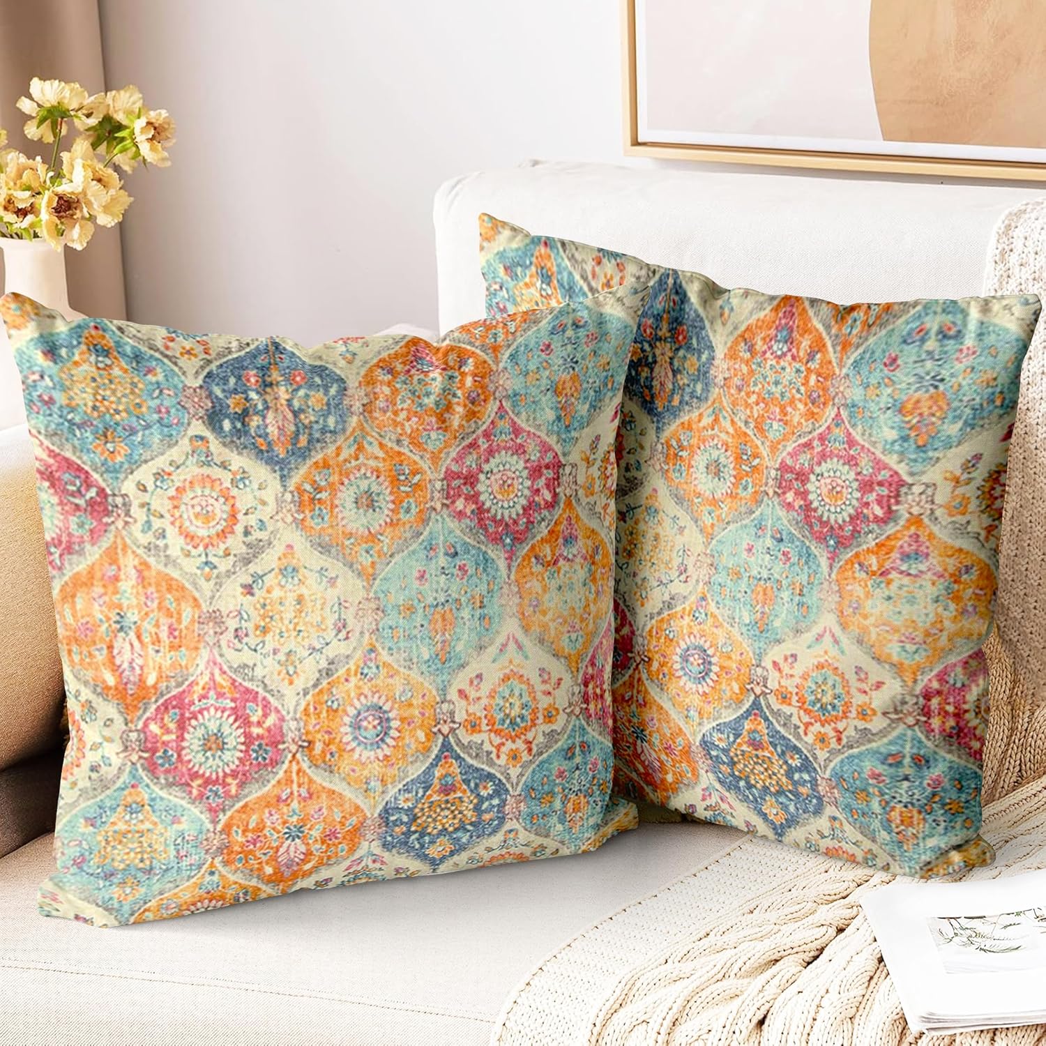 Boho Throw Pillow Covers 18×18 inch Set of 2,Soft Pillowcases Bohemia Carpet Printing Pattern Decorative Sofa Living Room Bed Square Pillow Case Cushion Cover-Cream Color