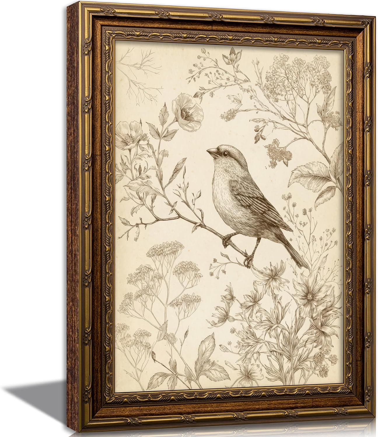 Vintage Gold Framed Bird Canvas Wall Art Retro Farmhouse Sparrow Painting Picture Wall Decor Rustic Floral Botanical Poster Print Artwork for Living Room Bedroom Home Decoration