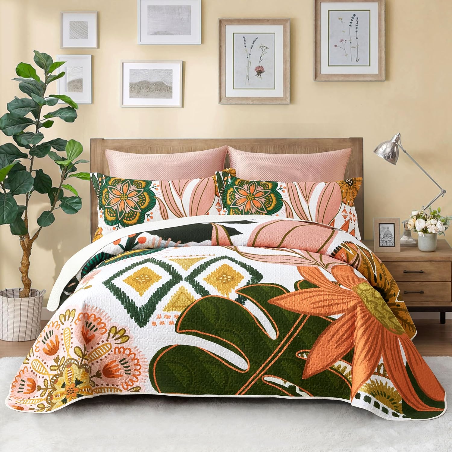 Tyrot 3 Piece Boho Floral Full/Queen Quilt Sets Farmhouse Botanical Reversible Lightweight Bedspread Coverlet with 2 Shams Mid Century Leaves Microfiber Bedding Quilts Set for All Season, 90”x96”