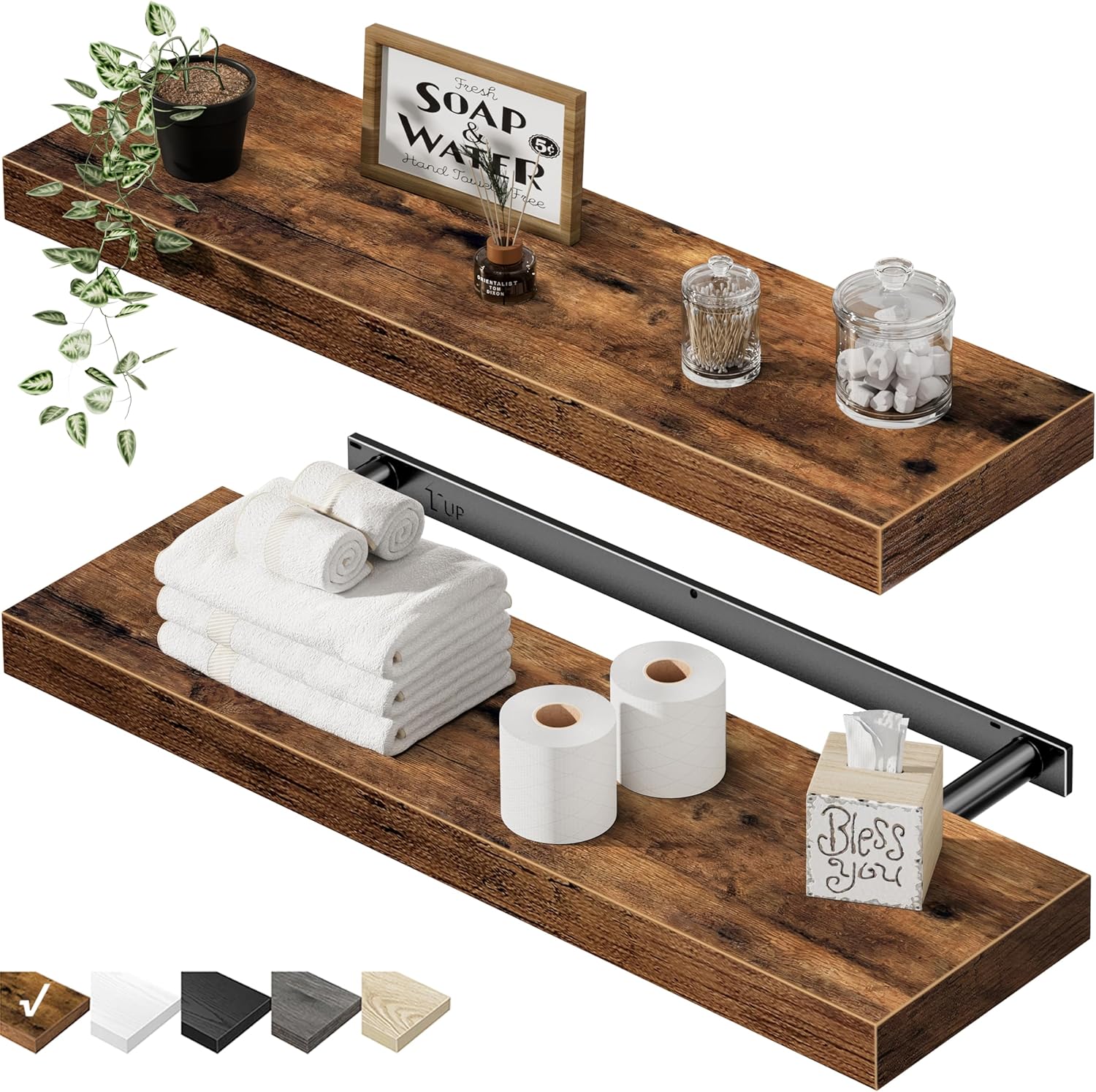 QEEIG Floating Shelves for Wall 23.6″ Long – Wall Mounted Shelf Bathroom Kitchen Living Room Bedroom Farmhouse Home Decor Display Bookshelf Set of 2, Rustic Brown (008-60BN)