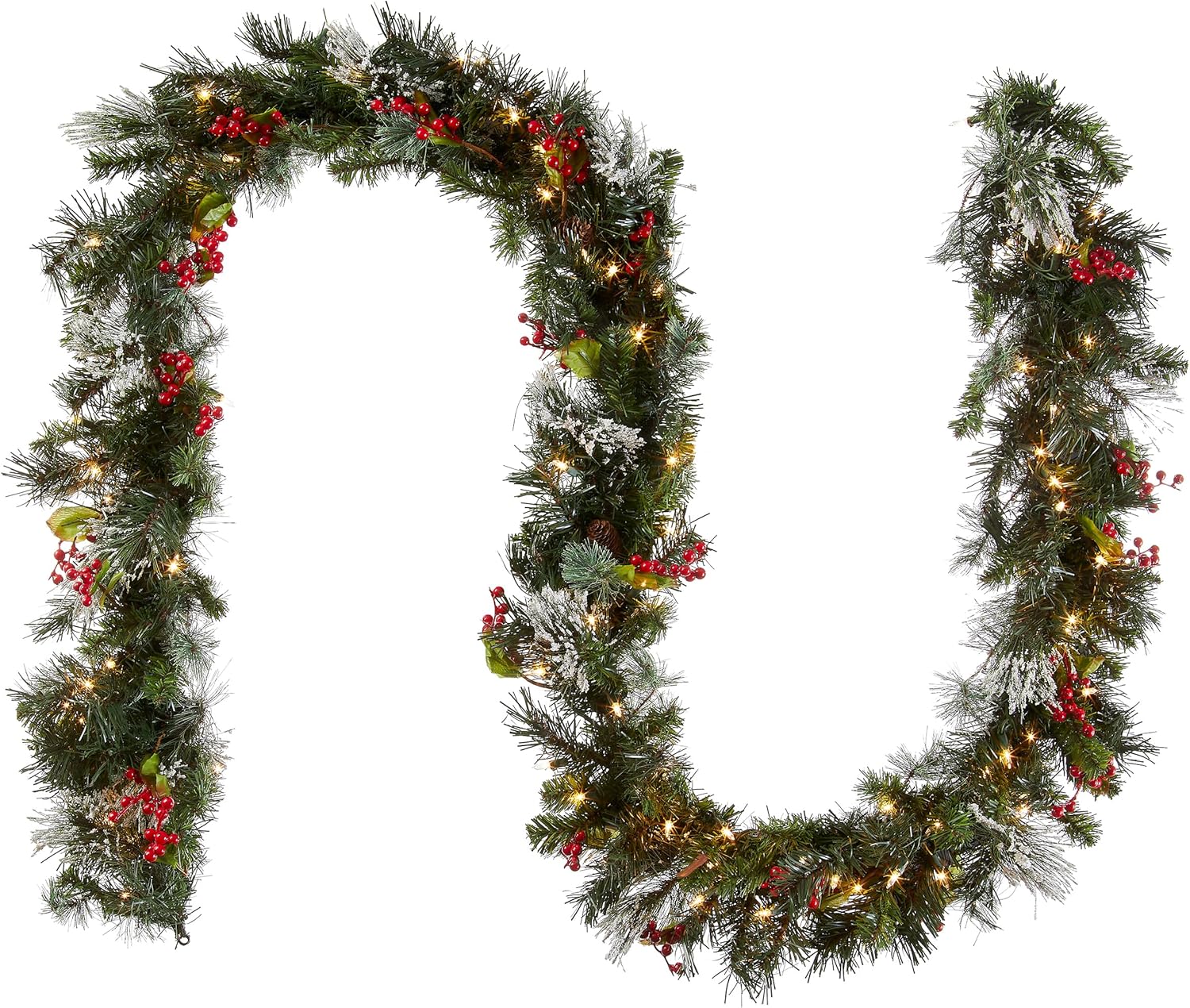 National Tree Company 9ft Pre-Lit Wintry Pine Flocked Christmas Garland | 100 Clear Lights, 184 Tips, Artificial Christmas Decoration With Pinecones, Red Berries, Green