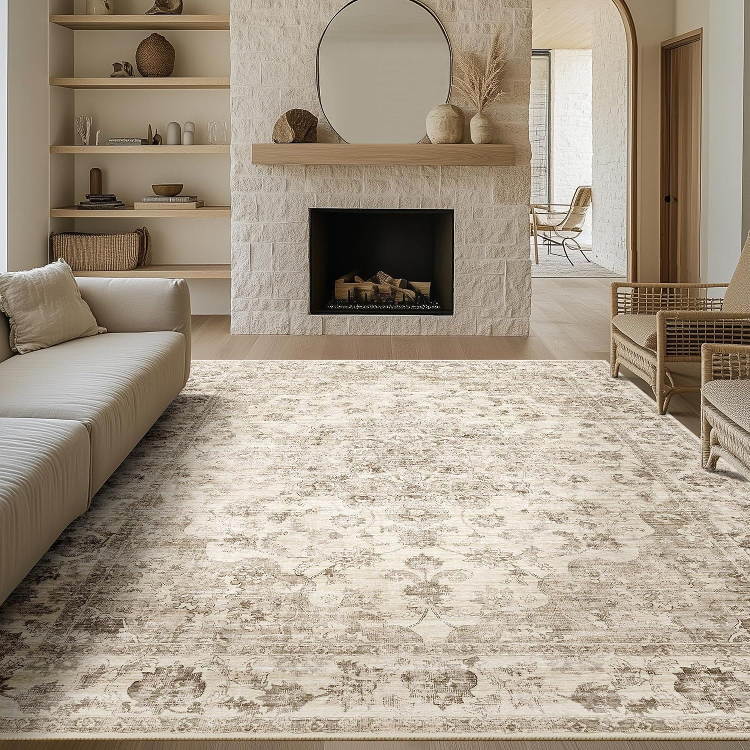 8×10 Beige Neutral Area Rug | Washable, Non Slip, Soft Low Pile, Vintage Farmhouse, Large, for Living Room Bedroom Dining Room Office Indoor Home Decor