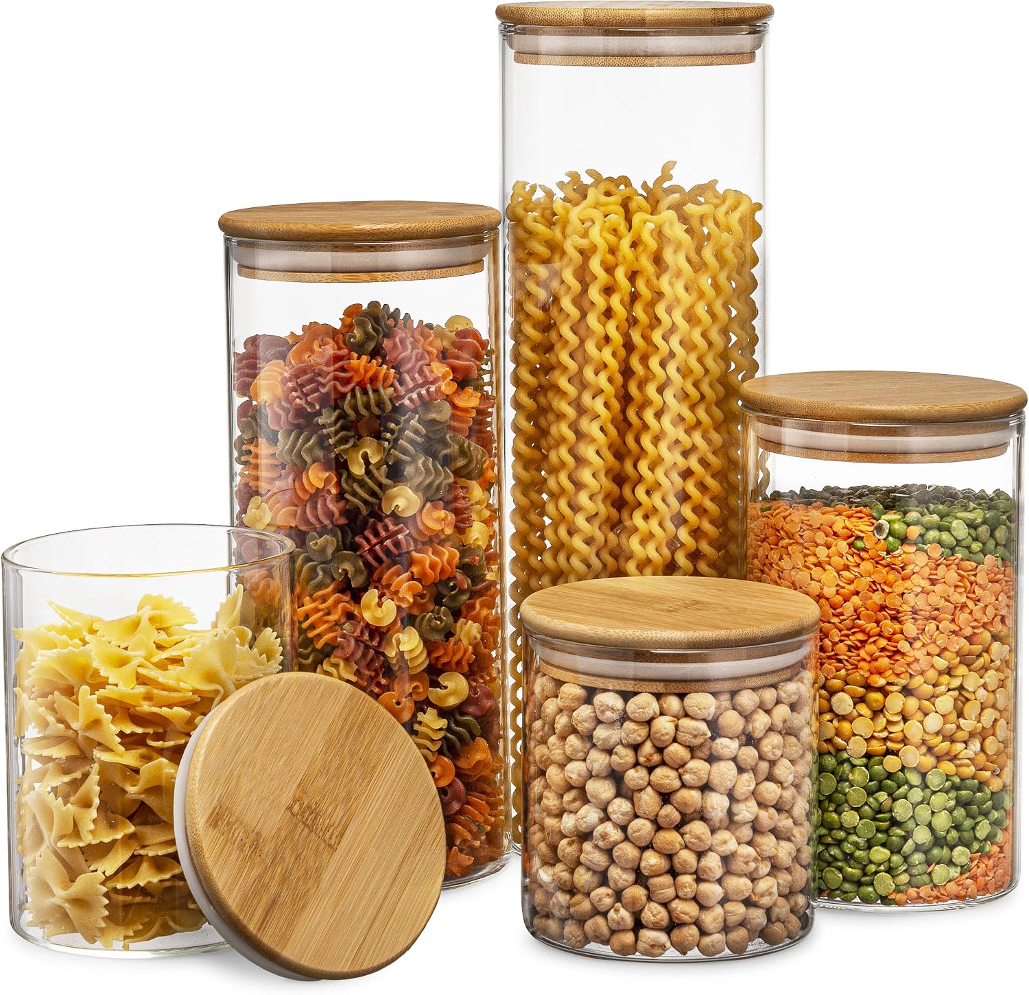 Set of 5 Glass Kitchen Canisters with Airtight Bamboo Lid – Glass Storage Jars for Pantry Organization and Bathroom for Flour, Coffee, Cookie Jar, Candy, Snack, Pasta, Rice, Sugar Packet Holder