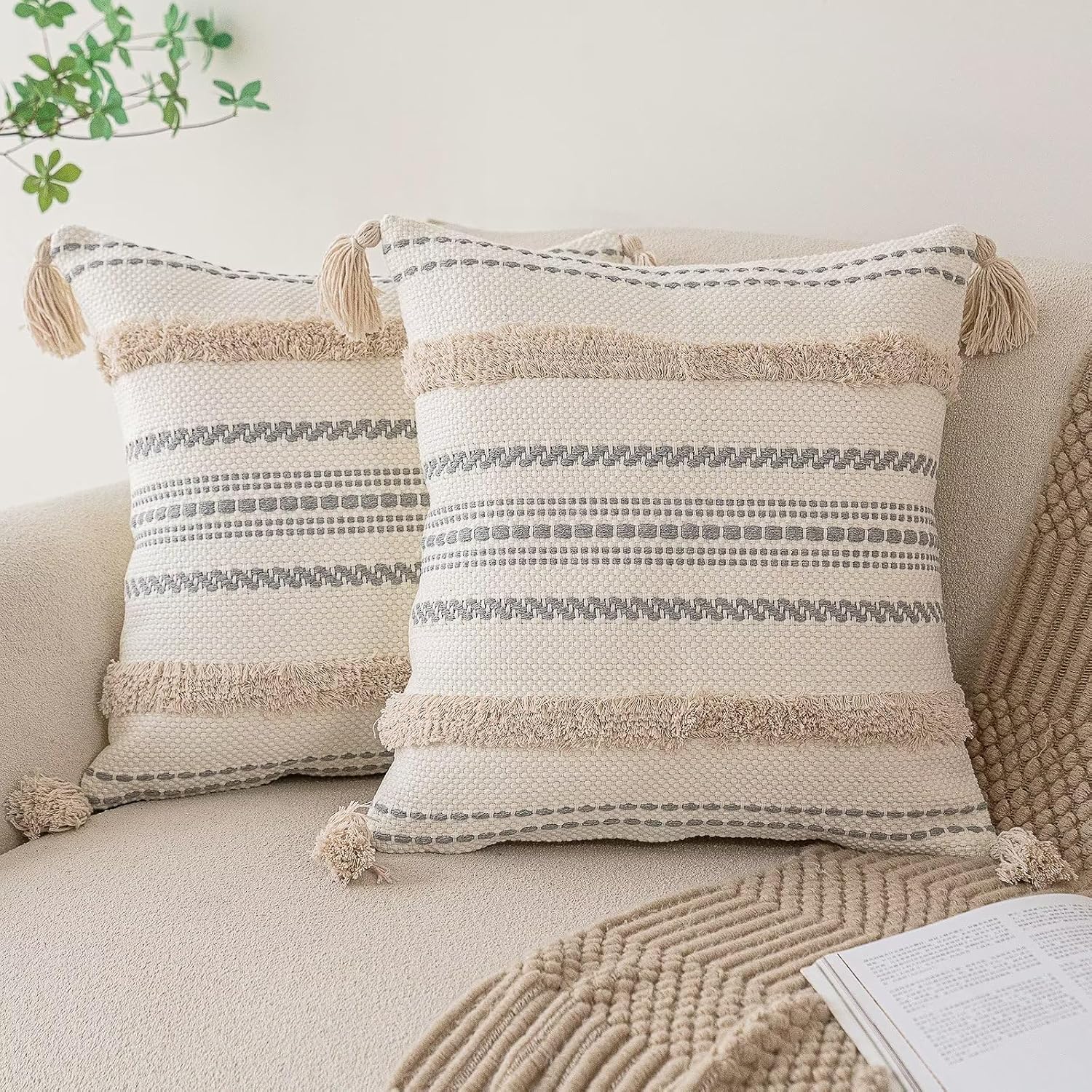 BUIOVBEY Boho Throw Pillow Covers Woven Tufted Pillow Cases with Tassels | Farmhouse Pillow Covers 18×18 Set of 2 Textured Striped Cushion Case Neutral Decorative Pillowcase for Sofa Couch Bed Khaki