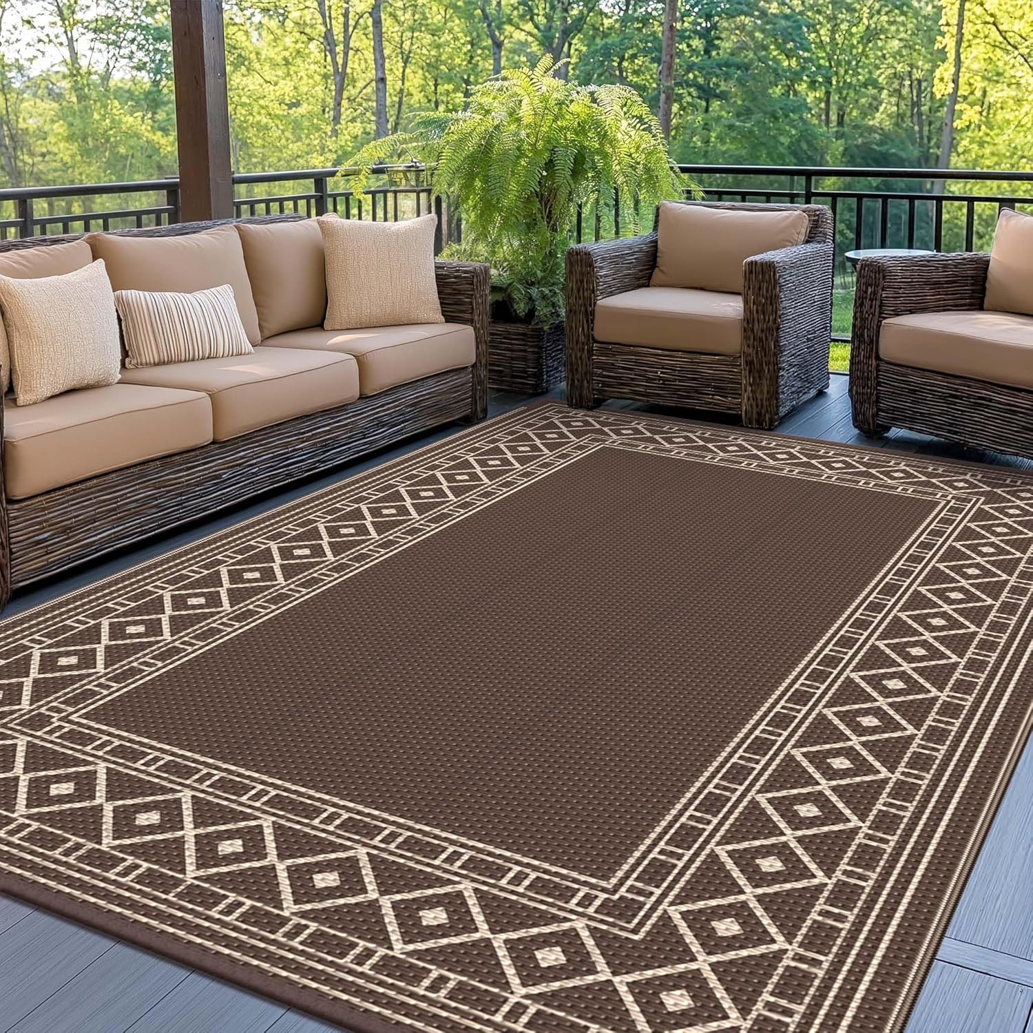 GENIMO Outdoor Rug, Waterproof Plastic Rugs for Patio, 5’x8′ Coffee Beige | Outside Larger Modern Carpet Mat for Porch Decor, Deck, Balcony, Camping, RV, Backyard, Picnic, Beach, Reversible, Foldable