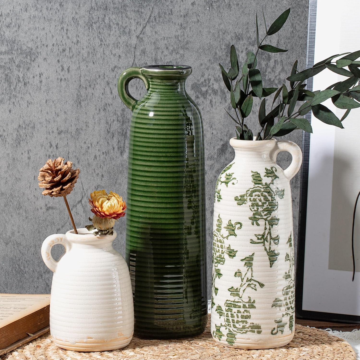 Ceramic Vase Set of 3 with Handles, Green White Neutral Rustic Modern Farmhouse Boho Decor, Versatile as Table Centerpiece or Mantel & Shelf Accent – Unique Home Gift Idea