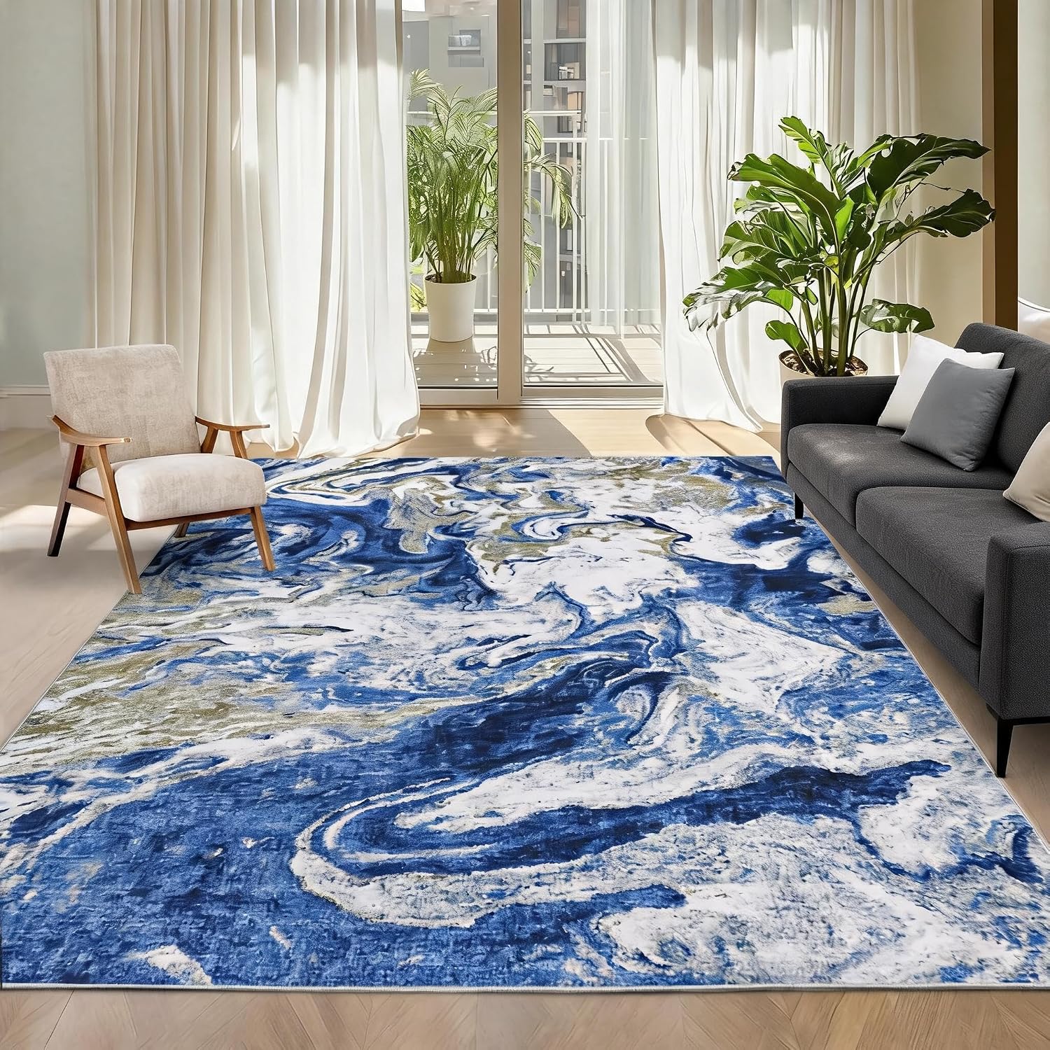Garvee 10×13 Modern Abstract Large Area Rug Washable Non Slip Dining Room Rug Non Shedding Low Pile Bedroom Indoor Carpet Stain Modern Floor Mats for Open Concept Living Room Farmhouse, Blue
