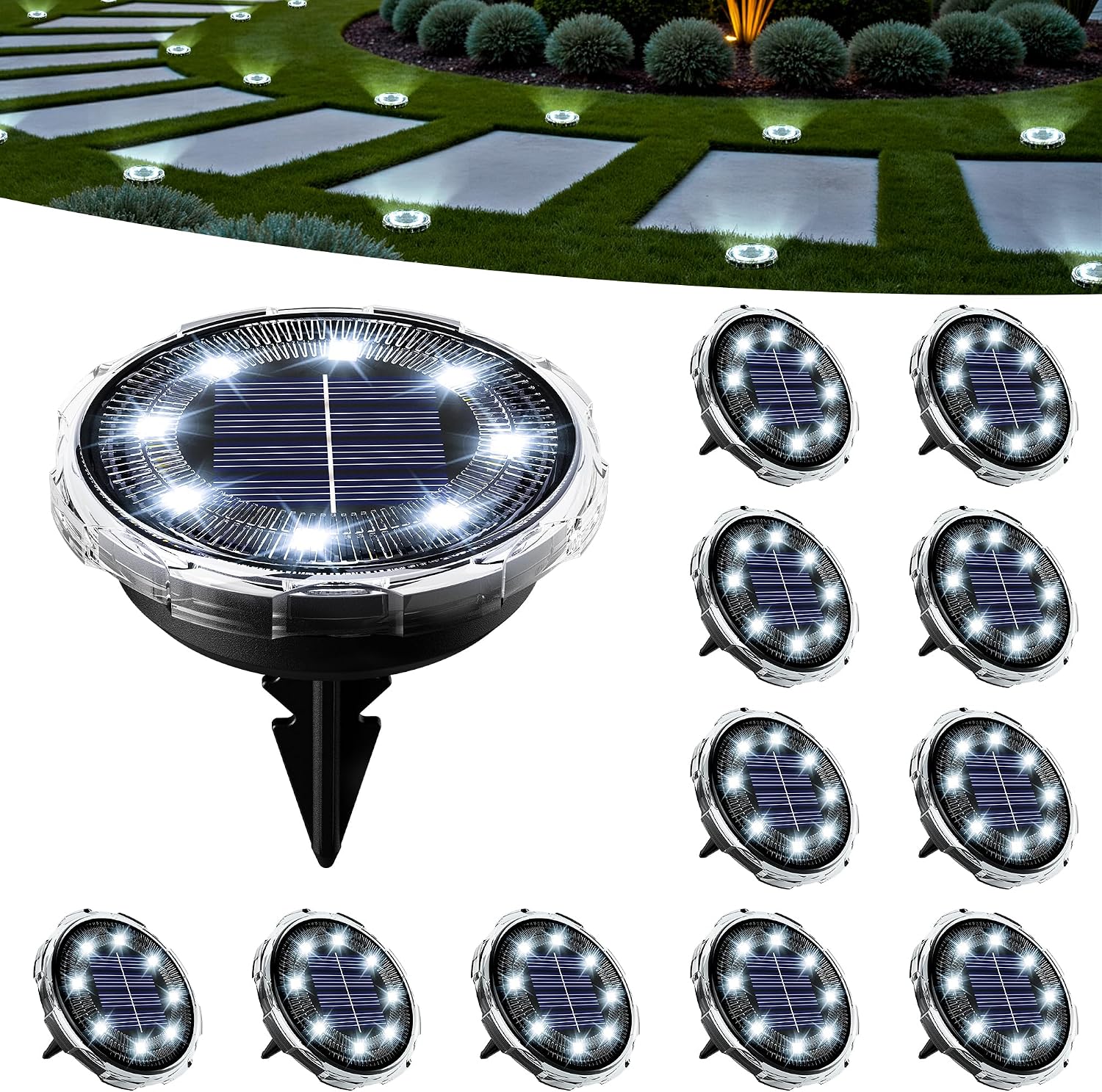 SOLPEX Solar Ground Lights 12 Pack, Solar Pathway Lights Outdoor Waterproof, Landscape Lighting for Garden, Walkway, Driveway, Yard, Deck, Patio, Swimming Pool (Cool White)