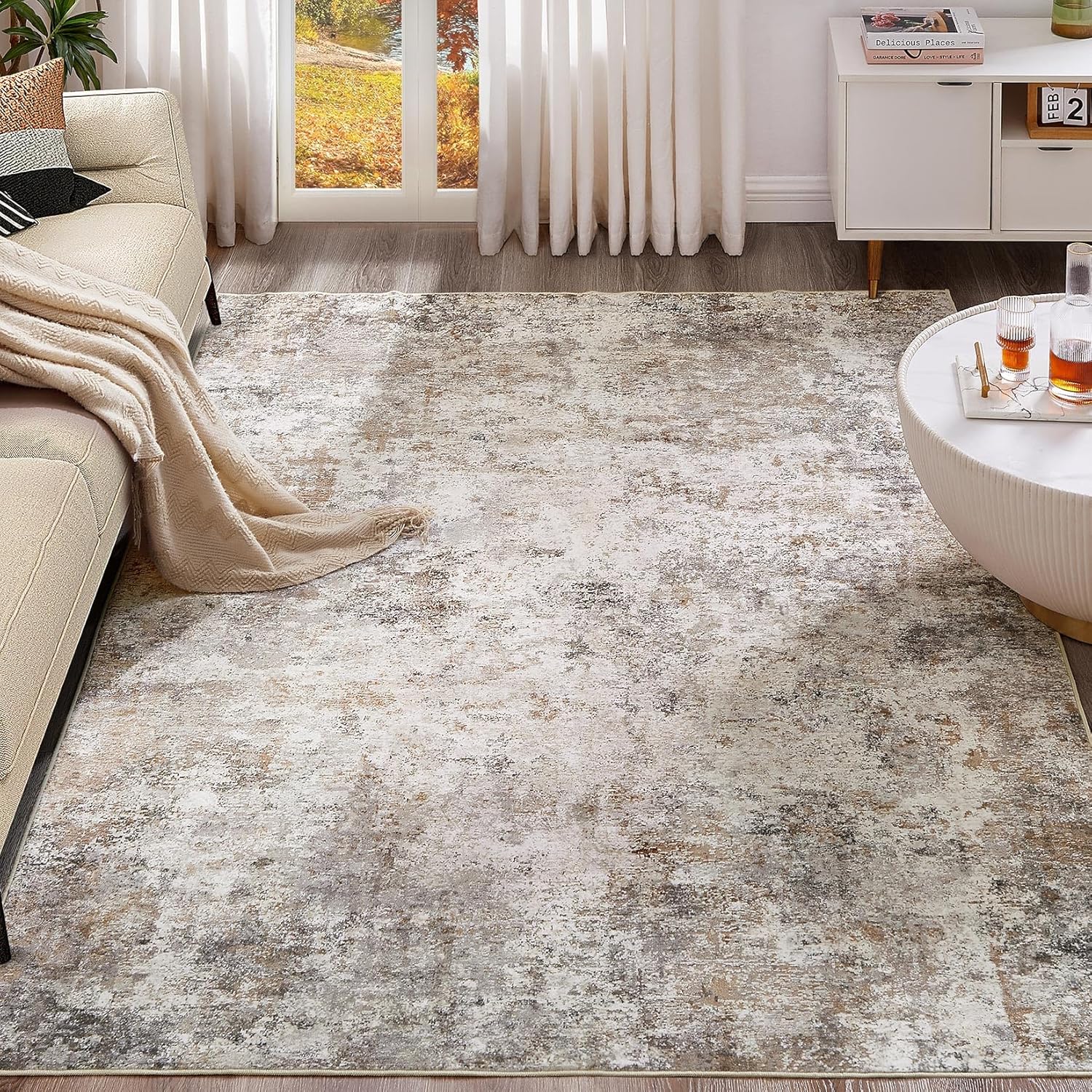 UERMEI 9×12 Washable Area Rug – Neutral Modern Abstract Living Room Rugs, Non-Slip Soft Large Indoor Floor Carpet for Bedroom Home Office & Under Dining Table Decor, Brown Grey